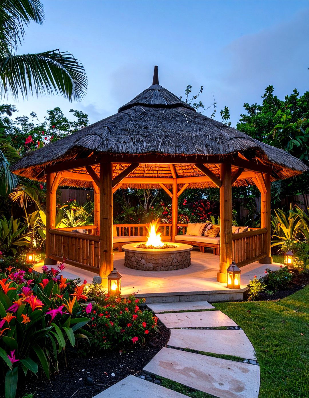 Tropical Gazebo With Tiki Style Fire Feature - 24 Gazebo With Fireplace
