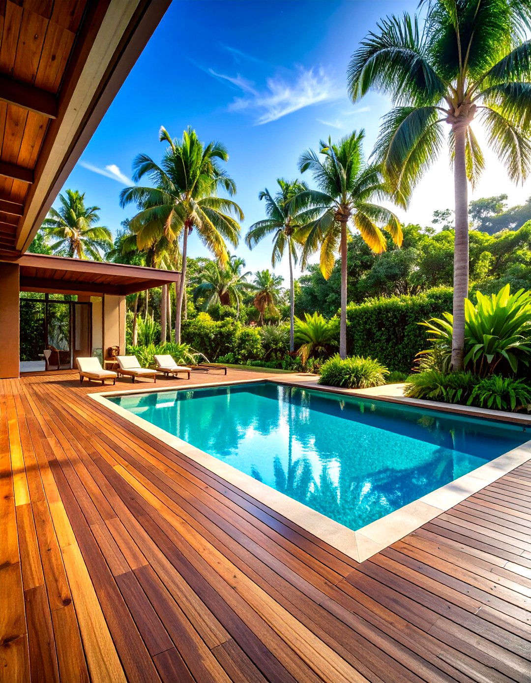 Tropical Hardwood Pool Decking Walkway - 24 Pool Walkway Ideas