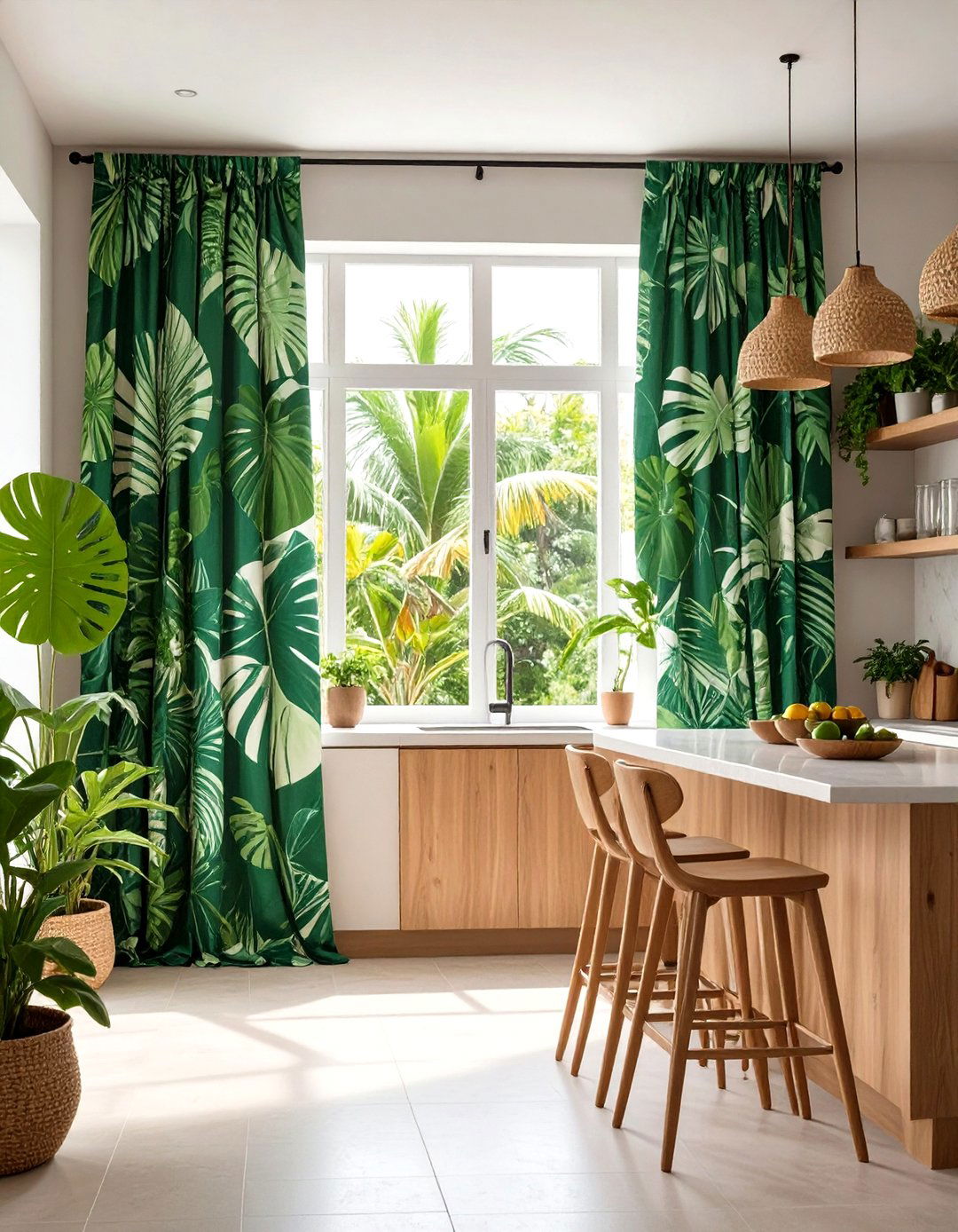 Tropical Leaf Print Curtains for Island Style - 24 Kitchen Curtain Ideas
