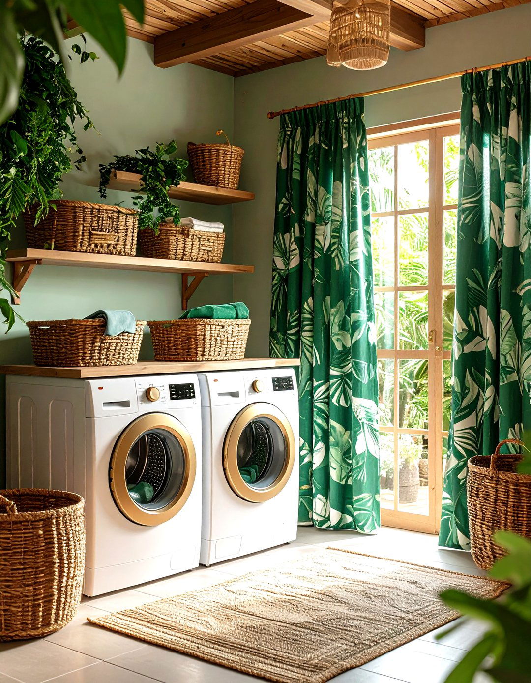 Tropical Leaf Print Curtains in Emerald Green - 24 Laundry Room Curtain Ideas