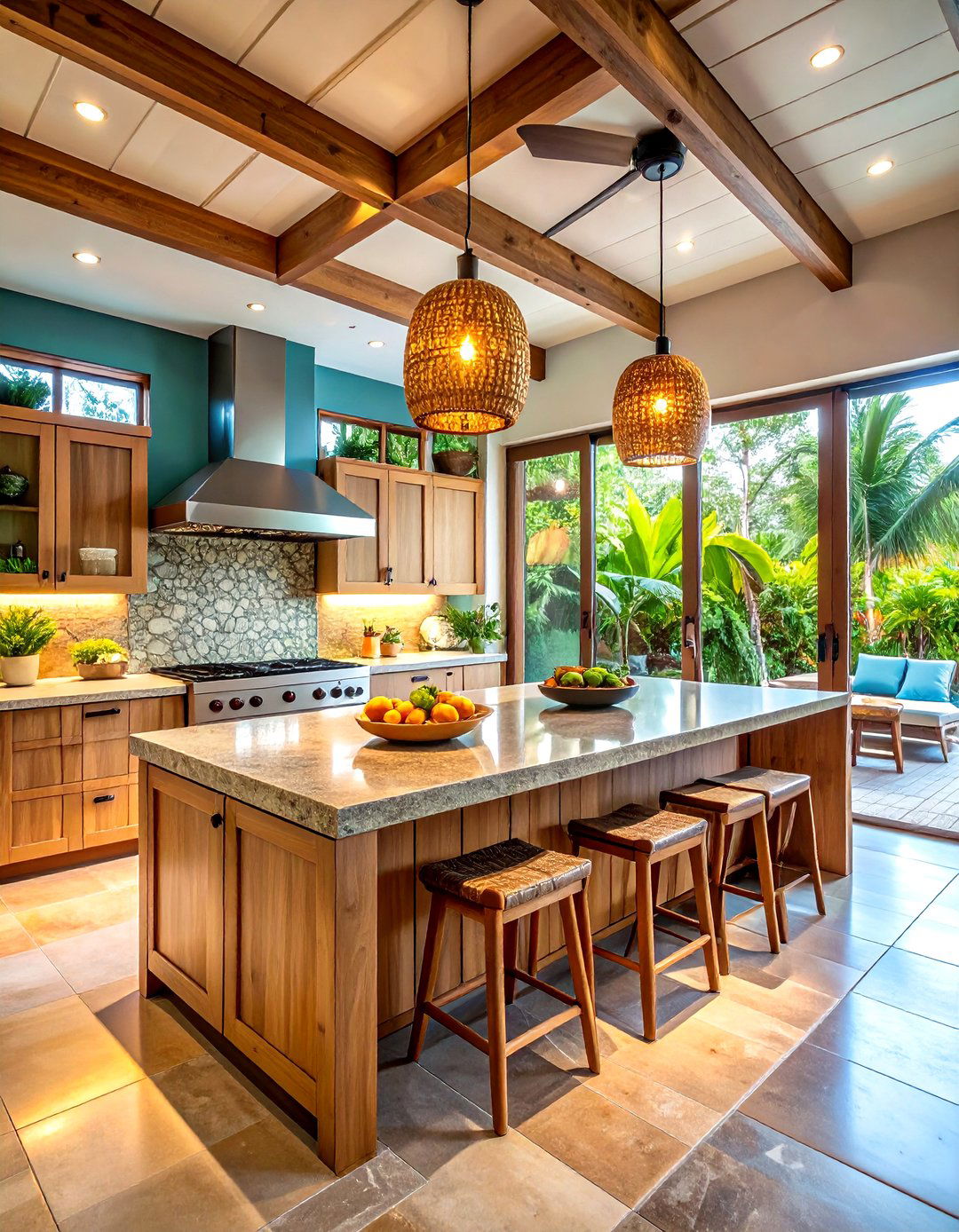 Tropical Open Kitchen with Natural Stone Features - 24 Open Kitchen Ideas