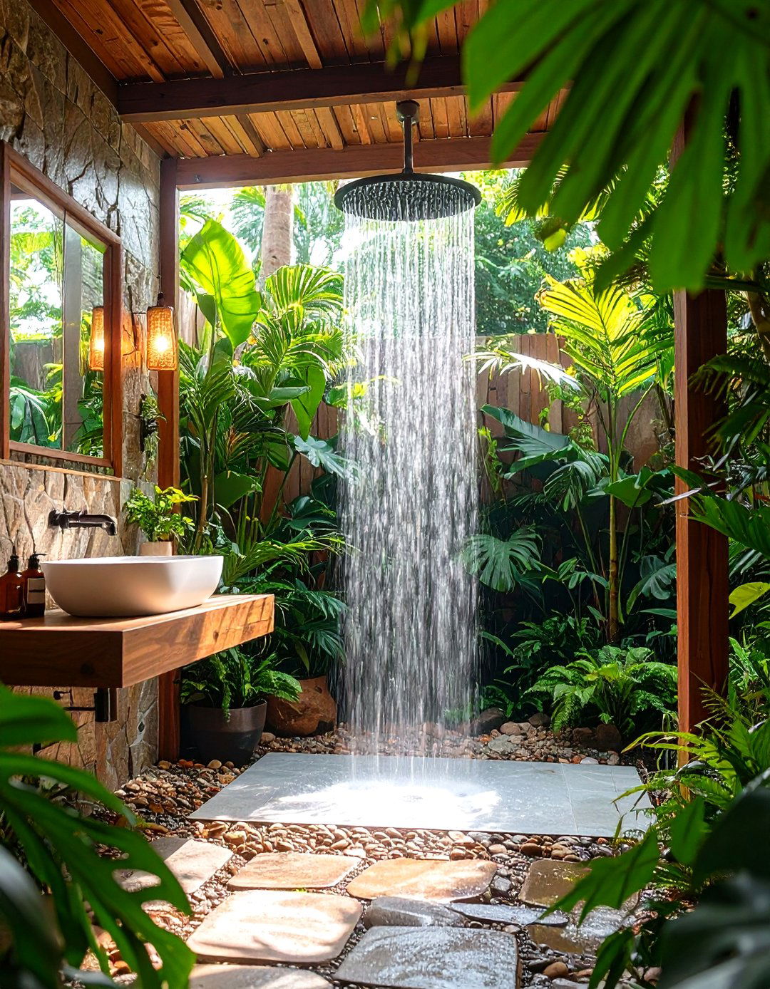 Tropical Outdoor Indoor Shower with Natural Stone - 24 Bathroom Shower Ideas