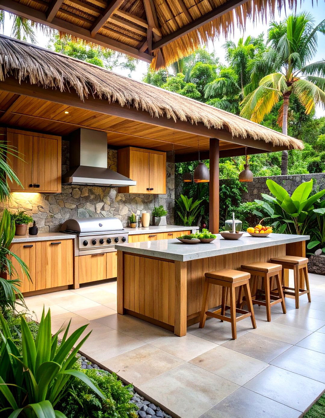 Tropical Outdoor Kitchen with Bamboo and Natural Stone - 24 Small Outdoor Kitchen Ideas