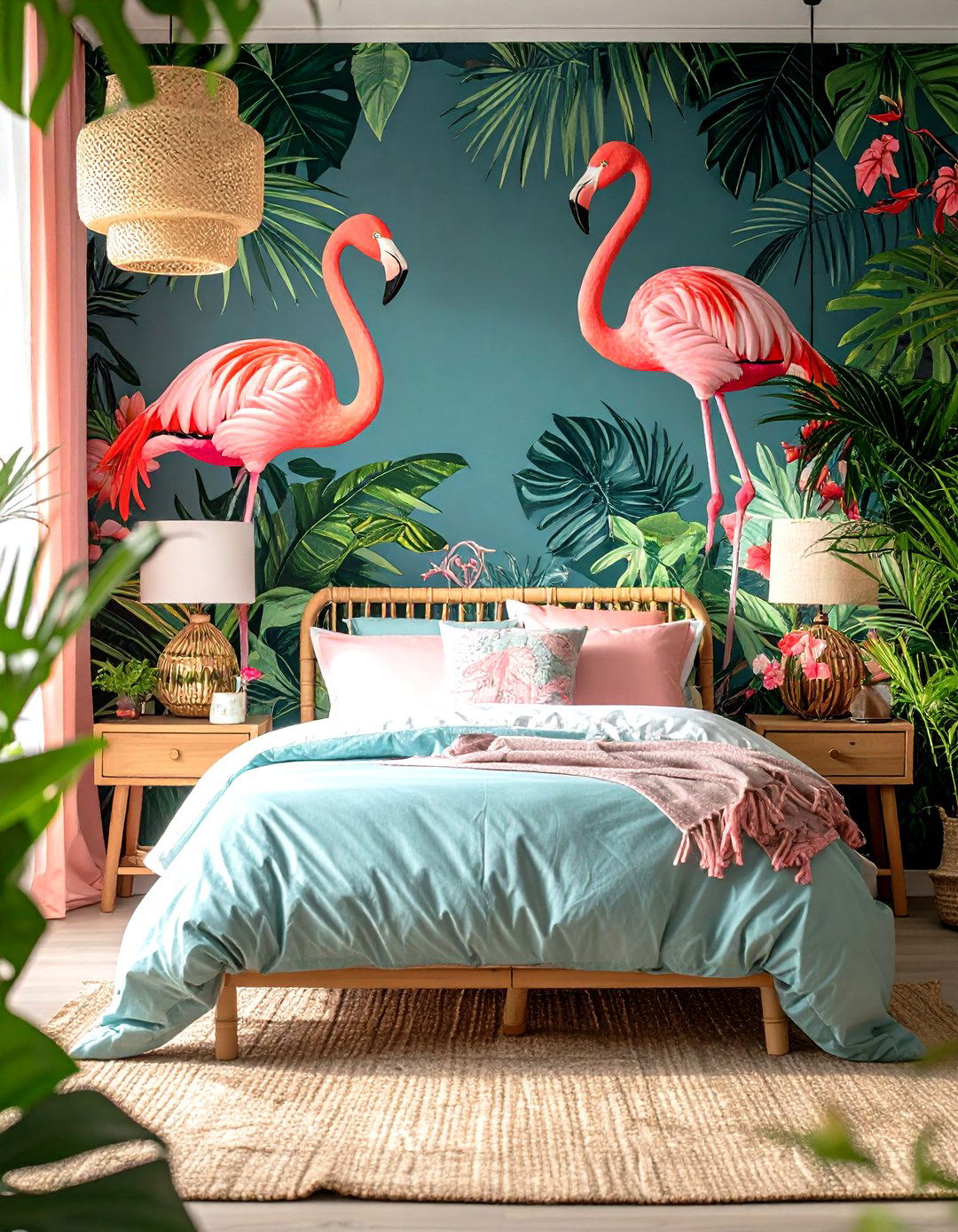 Tropical Palm Print Wallpaper with Pink Flamingo Accents - 24 Pink and Green Bedroom Ideas