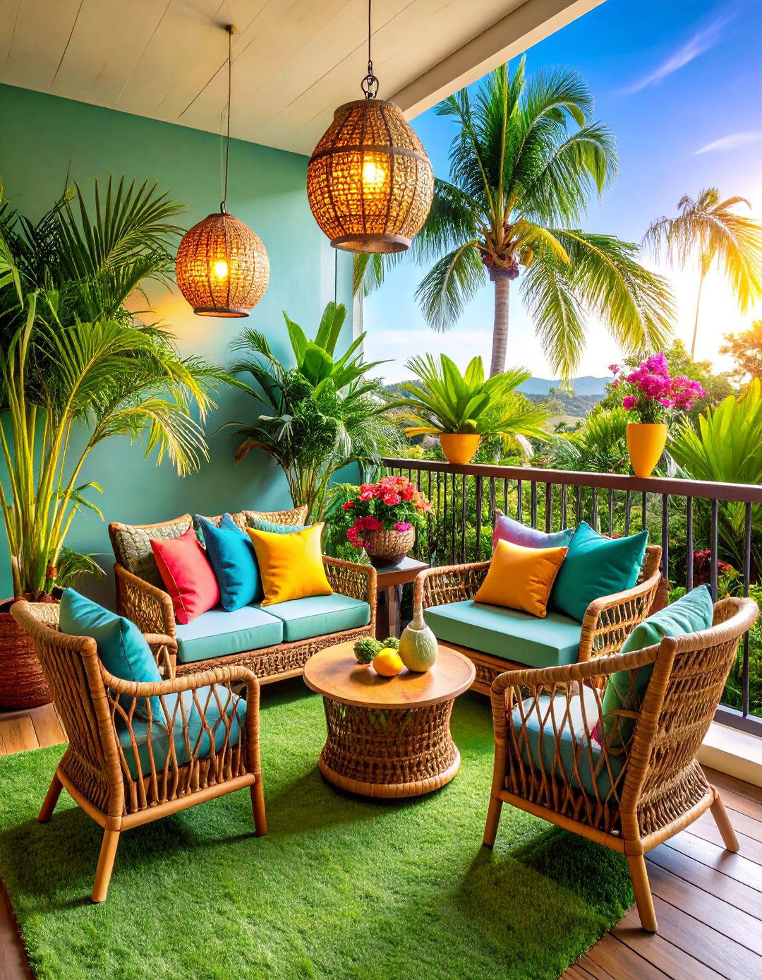 Tropical Paradise Balcony Oasis - 24 Artificial Grass Balcony Design