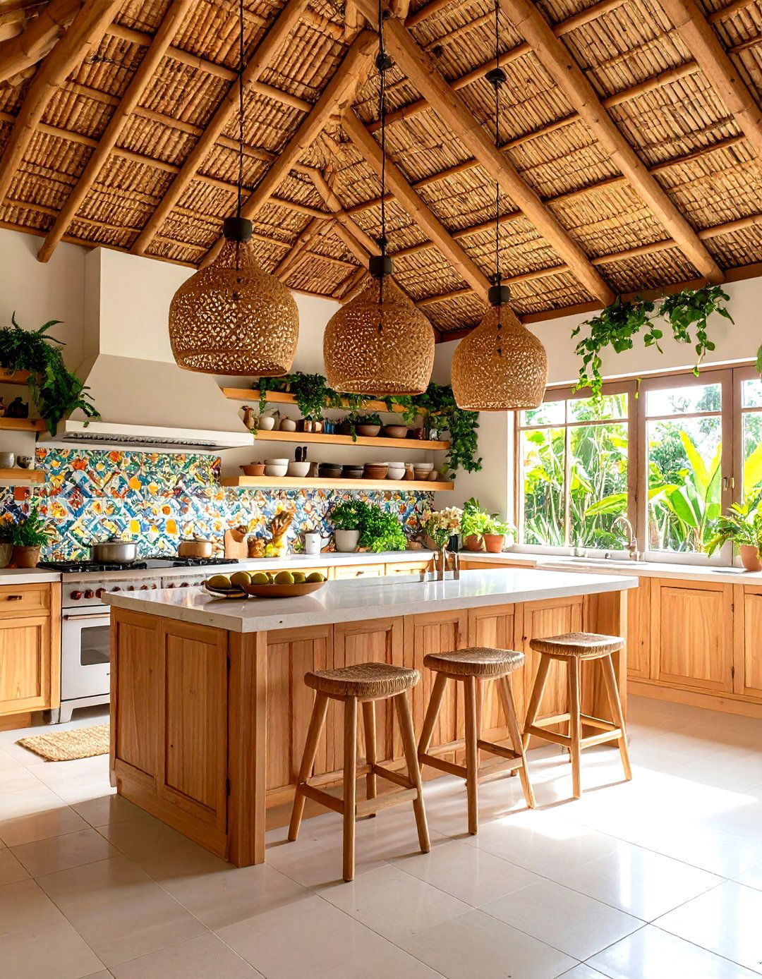 Tropical Paradise Kitchen with Bamboo and Rattan Ceiling - 24 Sloped Ceiling Kitchen Ideas
