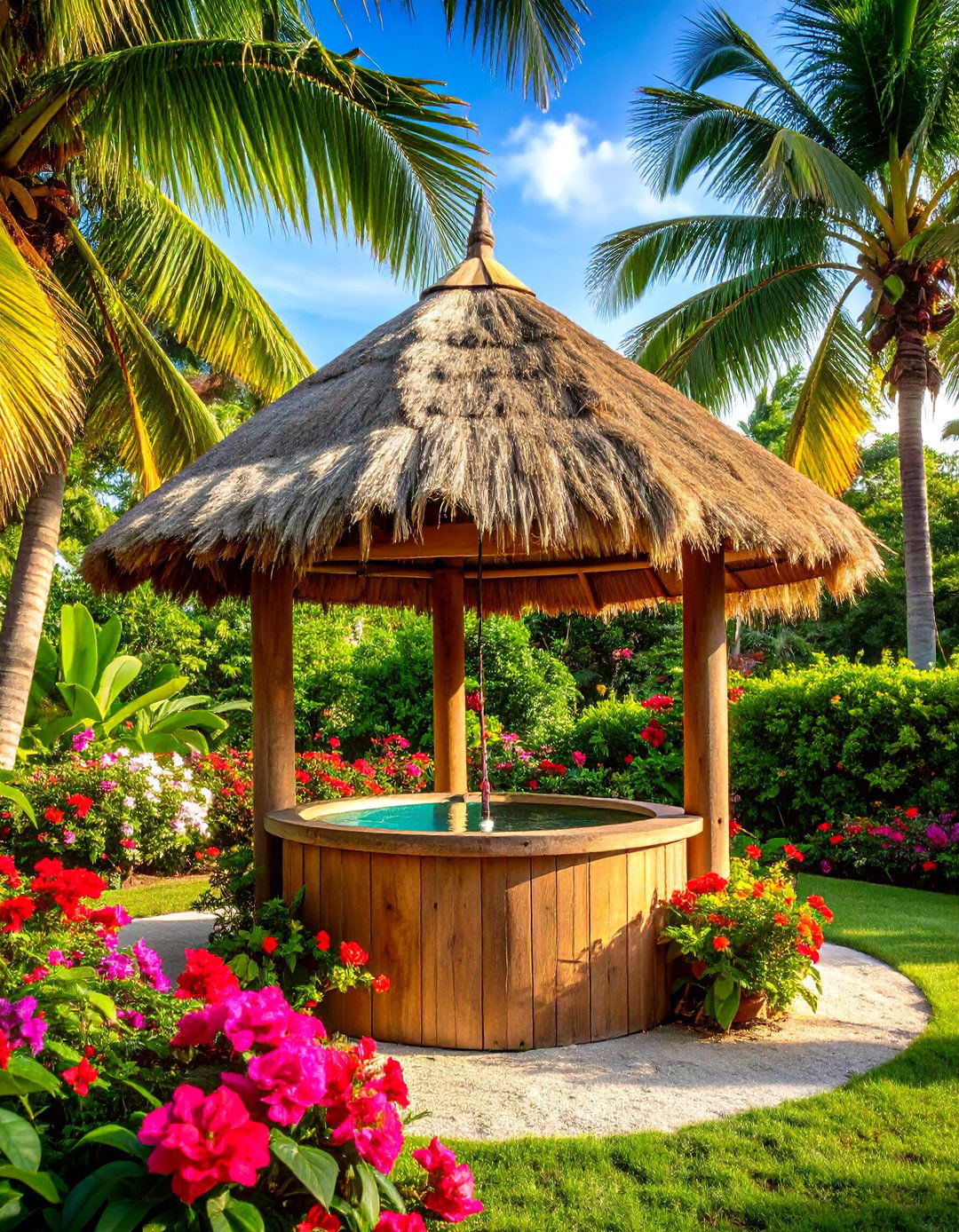 Tropical Paradise Wishing Well with Palm Surroundings - 24 Outdoor Wishing Well Garden Ideas