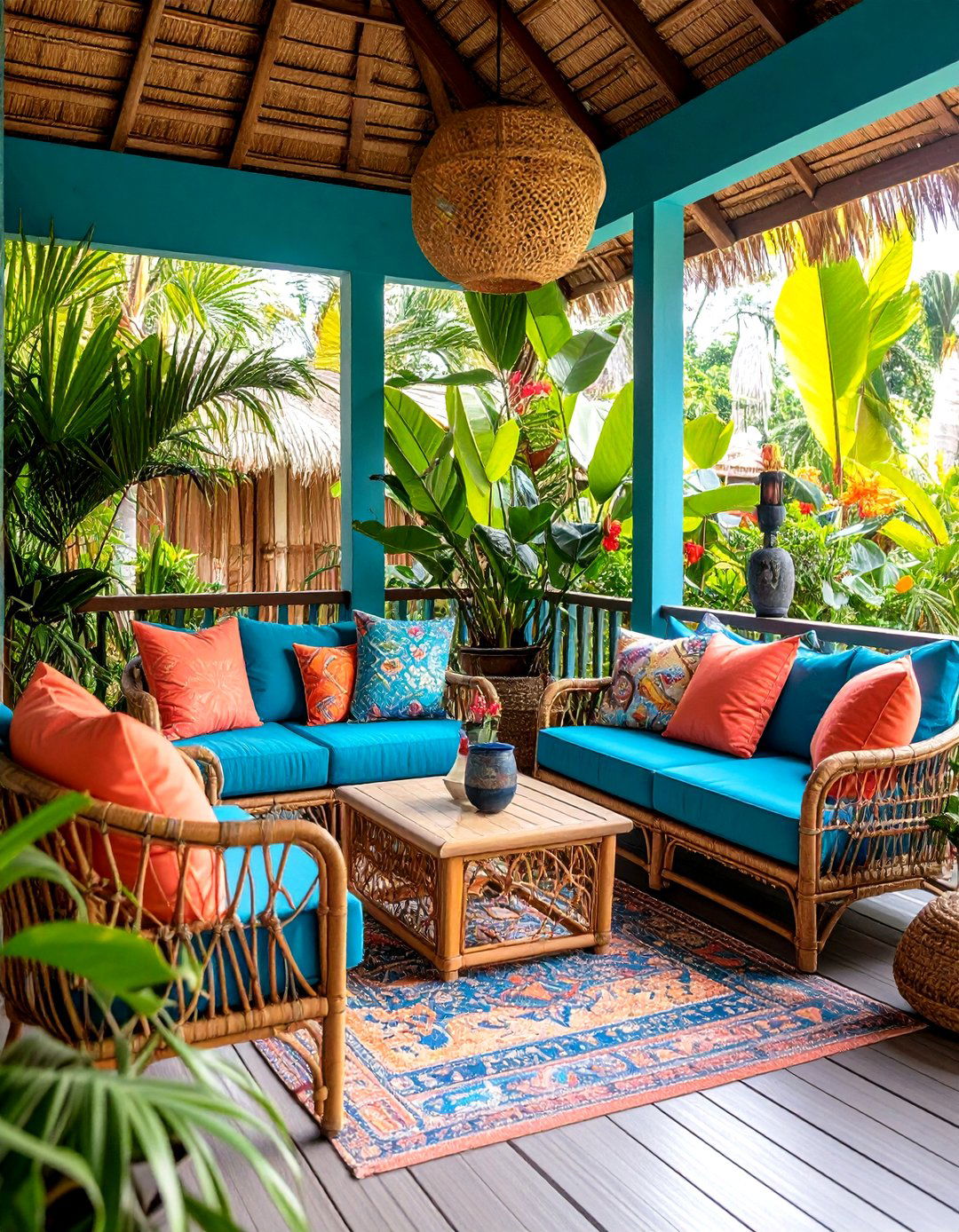 Tropical Porch with Lush Greenery and Bright Colors - 24 Small Porch Ideas