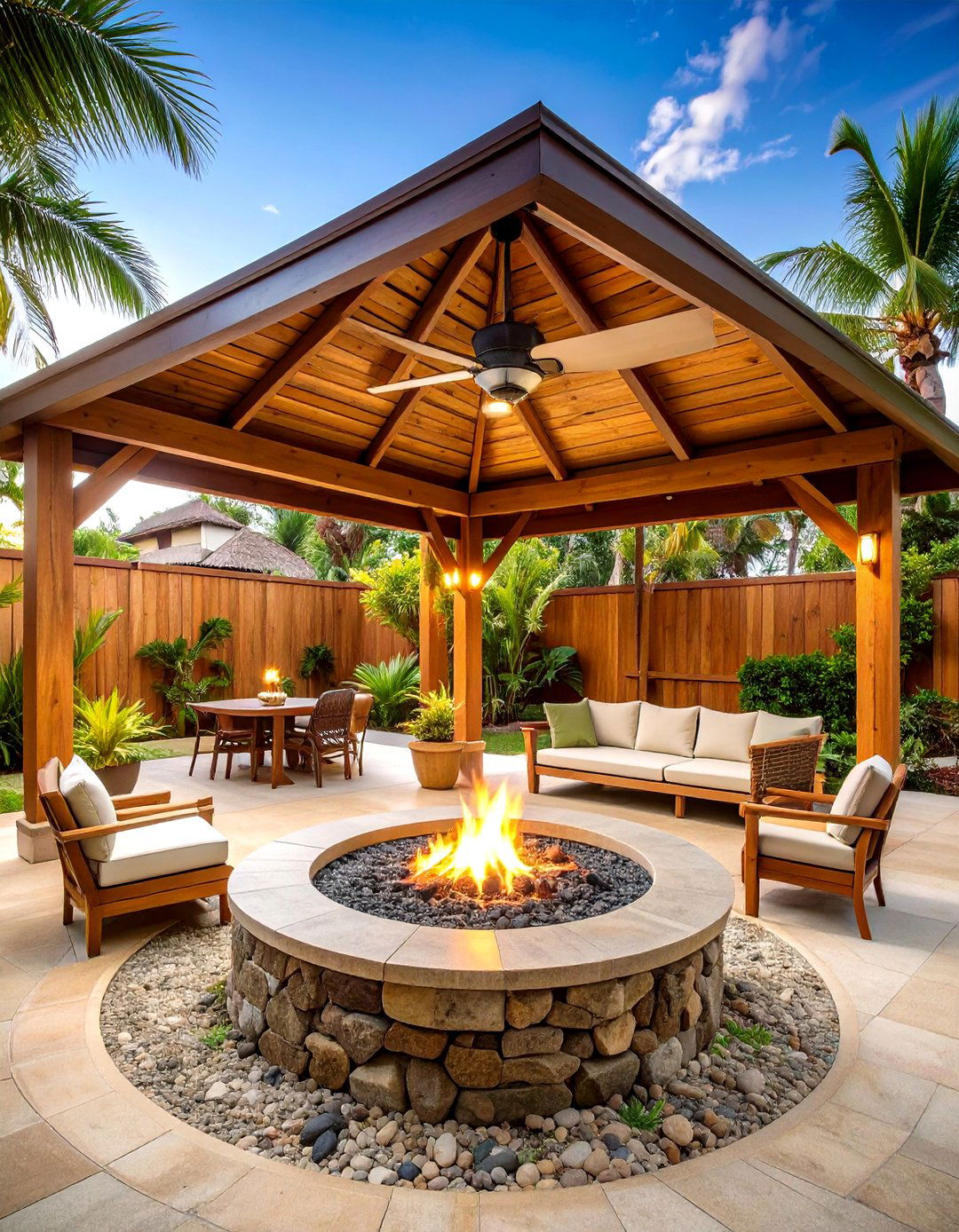 Tropical Resort Pavilion With Central Fire Pit - 24 Backyard Pavilion With Fireplace