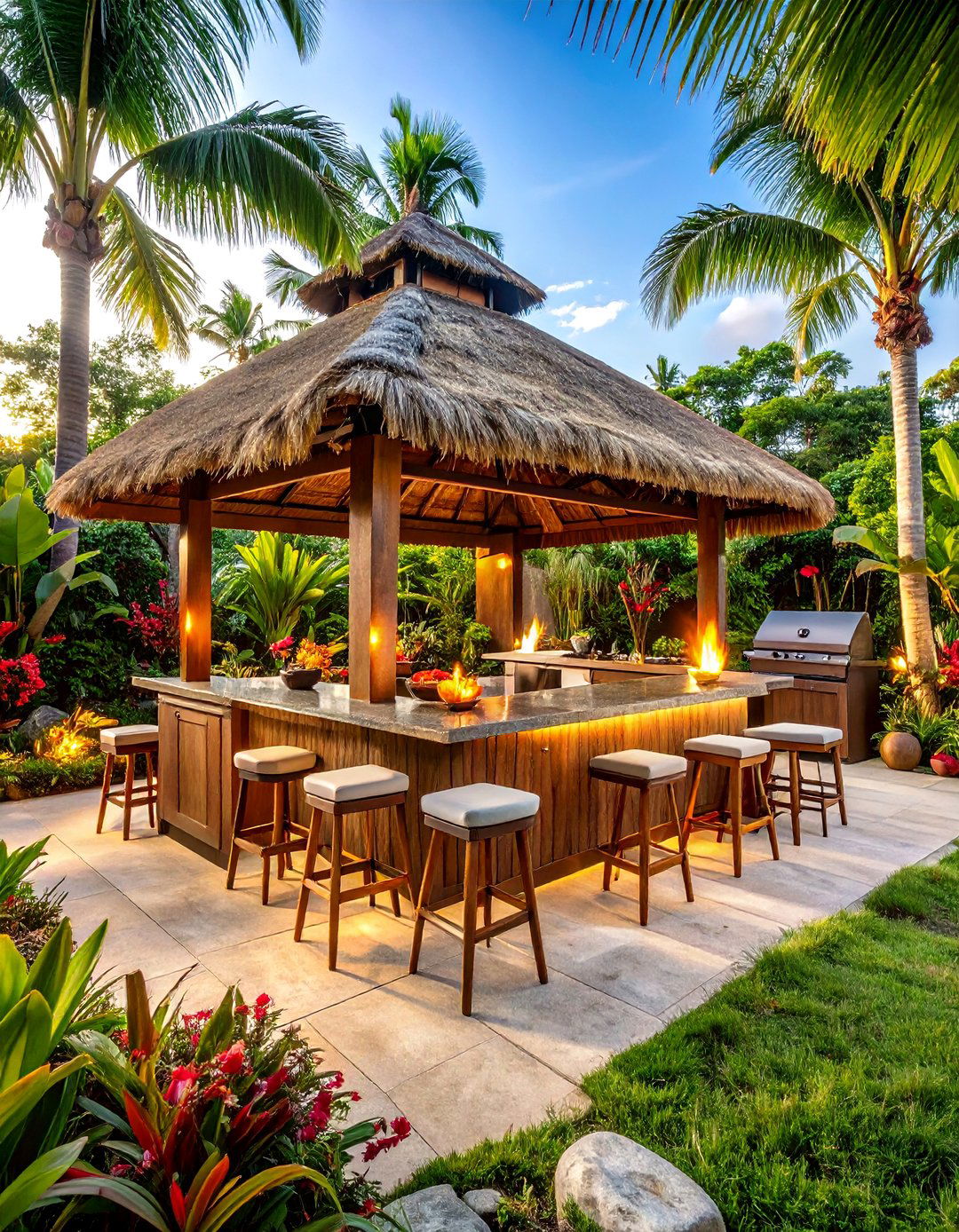 Tropical Resort Style BBQ Pavilion with Thatched Roof - 24 bbq area ideas