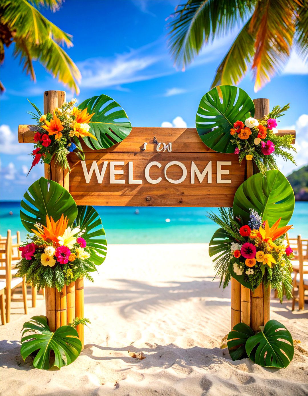 Tropical Wedding Welcome Sign with Palm Leaves and Bright Florals - 24 Wedding Welcome Sign Ideas