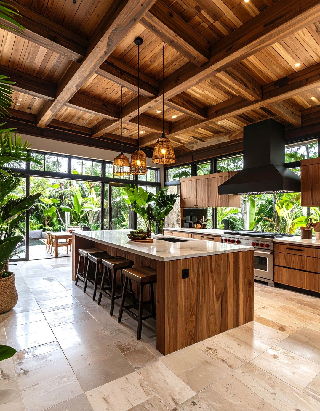 Tropical Wood Ceiling with Exposed Beams - 24 Tropical Kitchen Ideas