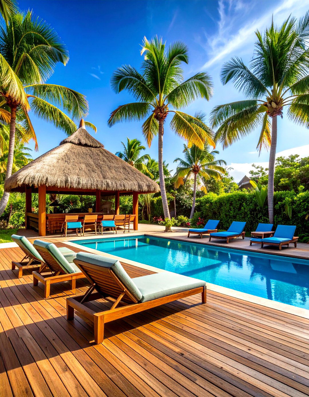 Tropical Wood Pool Deck with Tiki Bar Elements - 24 Pool Deck Ideas