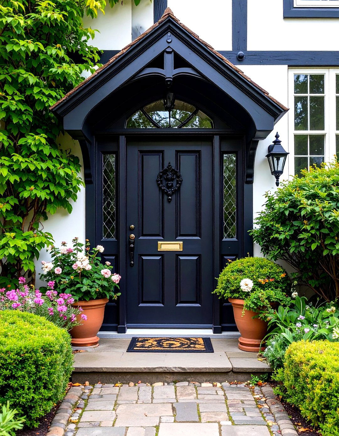 Tudor Black Front Door with Gothic Elements - 24 Black Front Door Ideas