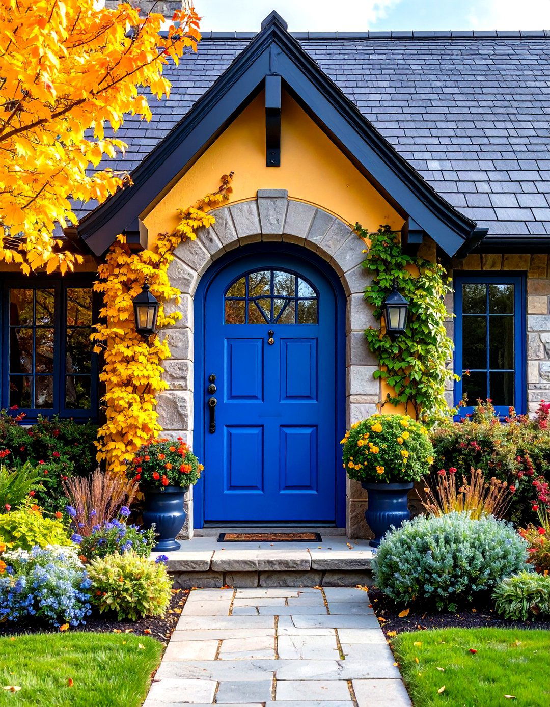 Tudor Grey Stone with Midnight Blue Drama - 24 Grey House With Blue Door Ideas