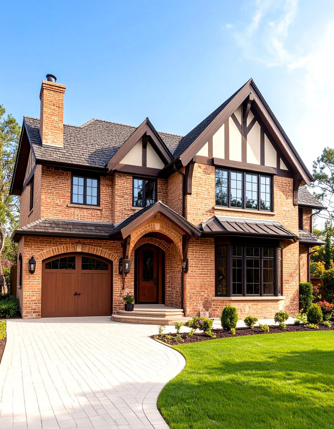 Tudor Revival Beige Brick Manor - 24 Beige Brick Exterior Home Ideas