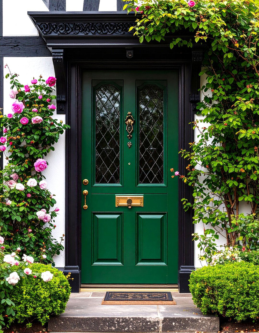 Tudor Revival Dark Green with Leaded Glass Panels - 24 Dark Green Front Door Ideas