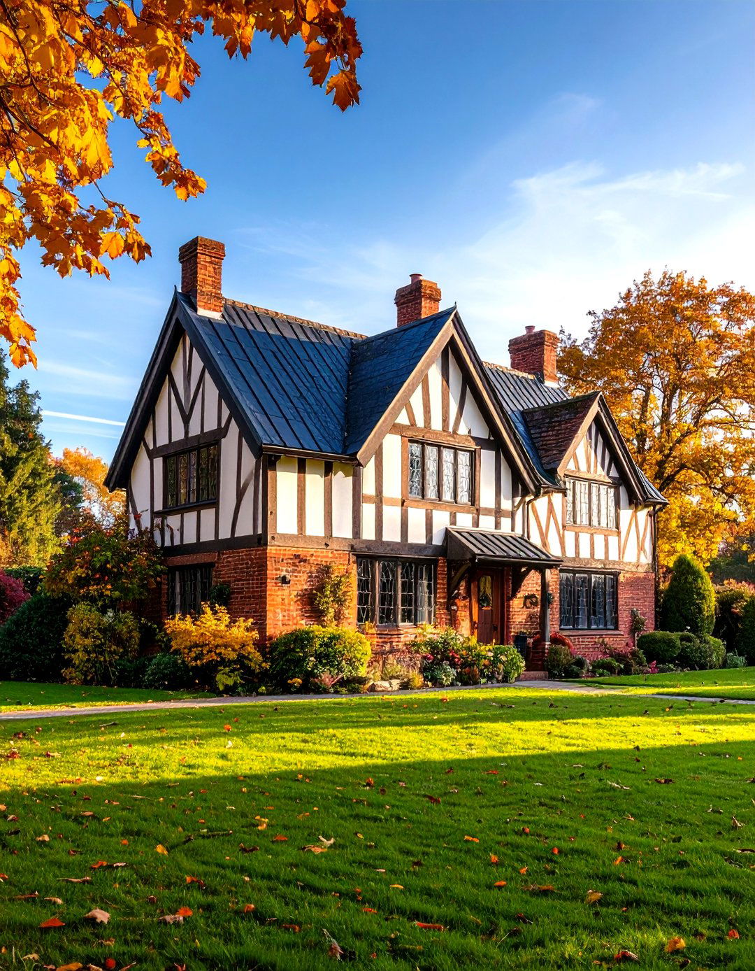 Tudor Revival Manor - 24 houses with blue metal roofs