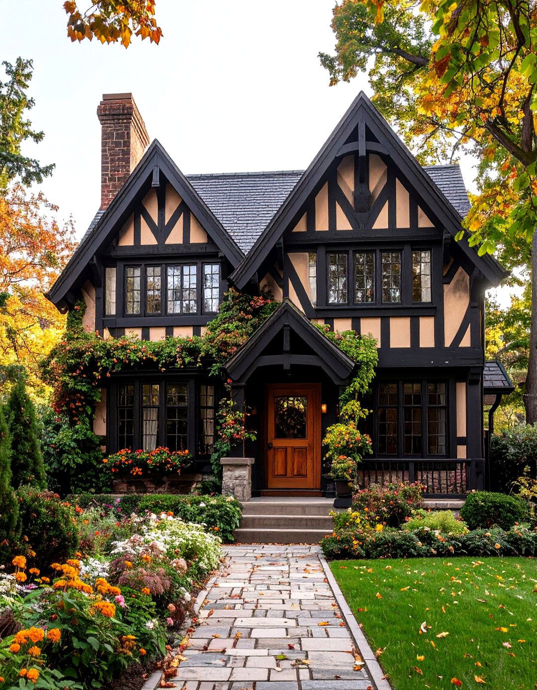 Tudor Revival Timber Frame Accents - 24 Black House With Wood Accents