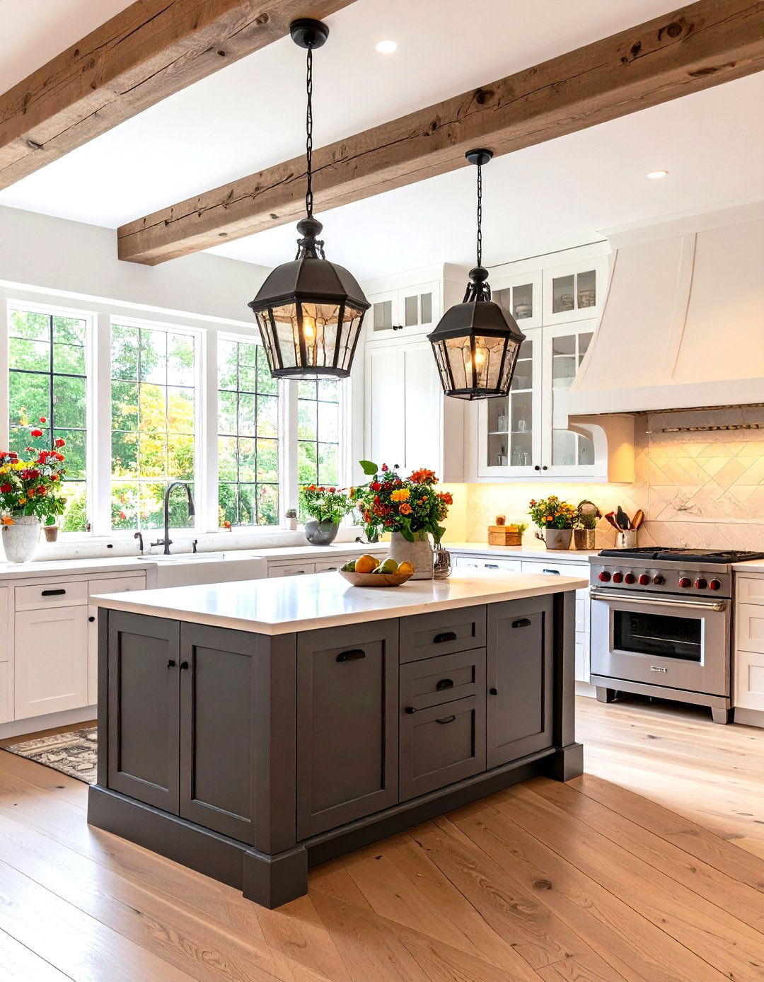 Tudor Revival White Kitchen With Graphite Grey Island - 24 White Kitchen Cabinets With Grey Island Ideas