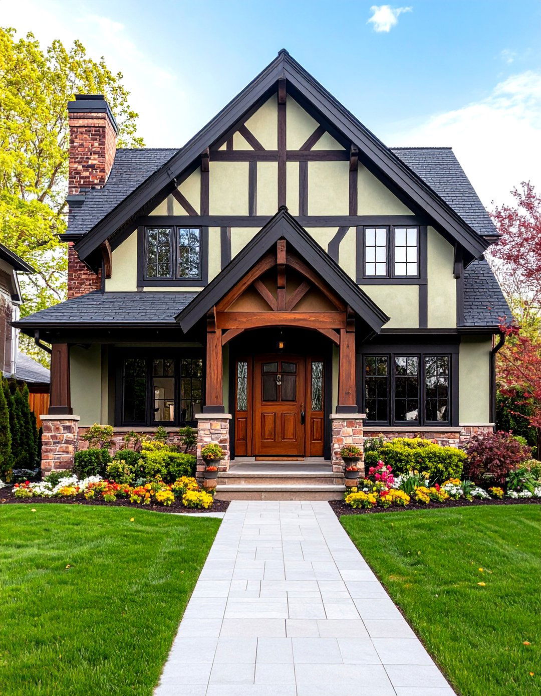 Tudor Revival with Sage Green Stucco and Black Door - 24 Sage Green House With Black Door