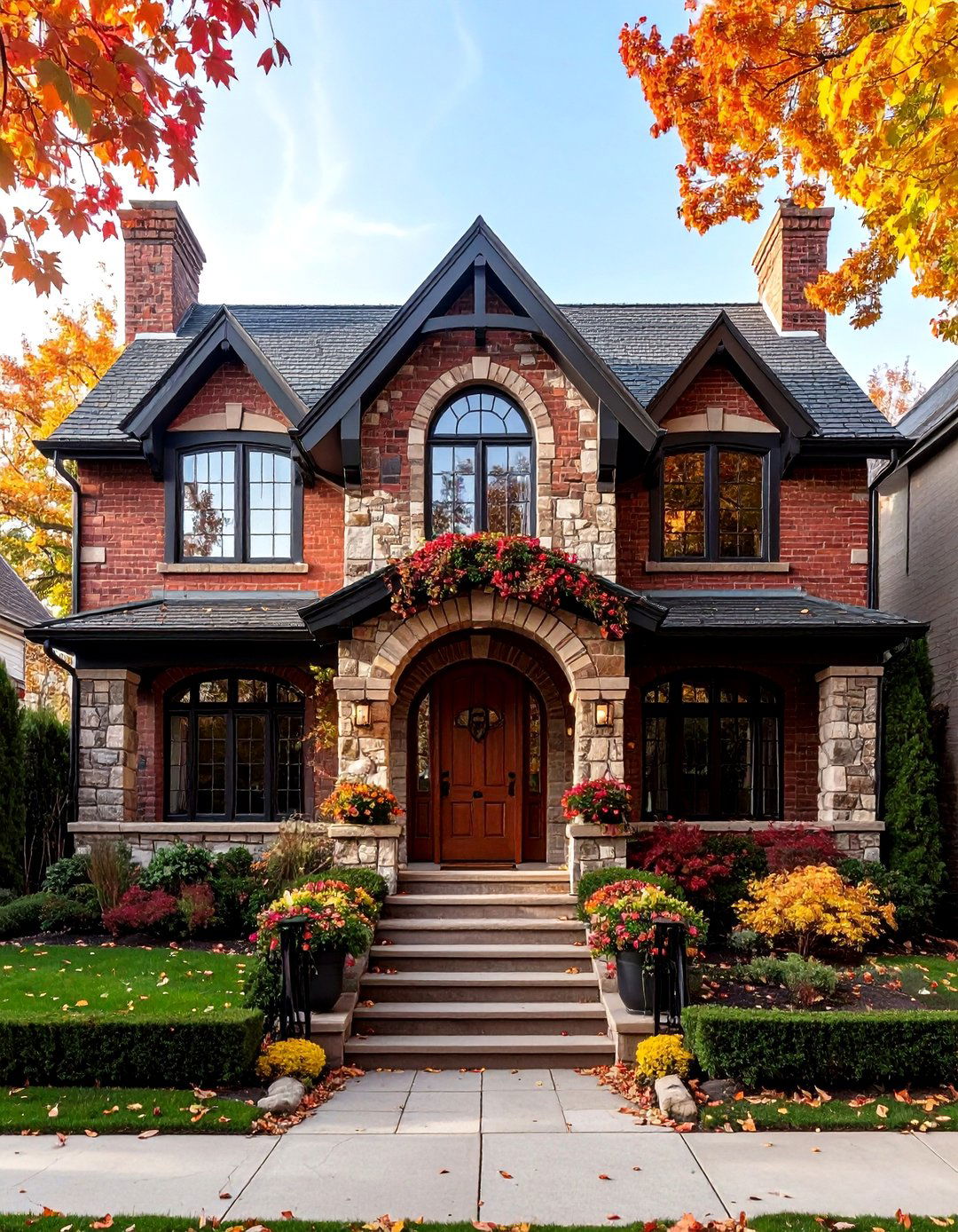 Tudor Style Brick Exteriors with Decorative Stone Archways - 24 Brick Houses With Stone Accents