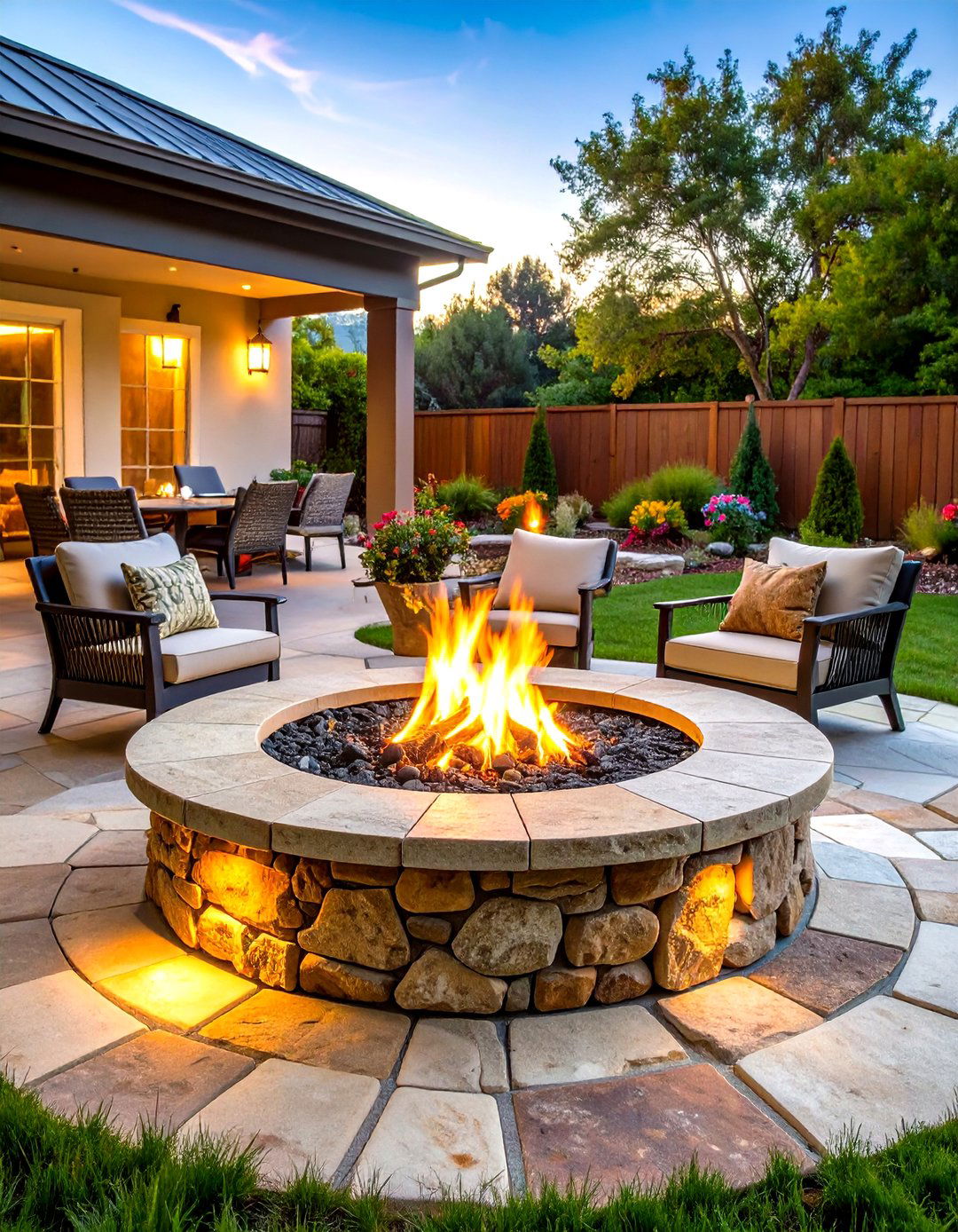 Tumbled Stone with Circular Fire Bowl - 24 Stone Patio With a Fire Pit Ideas