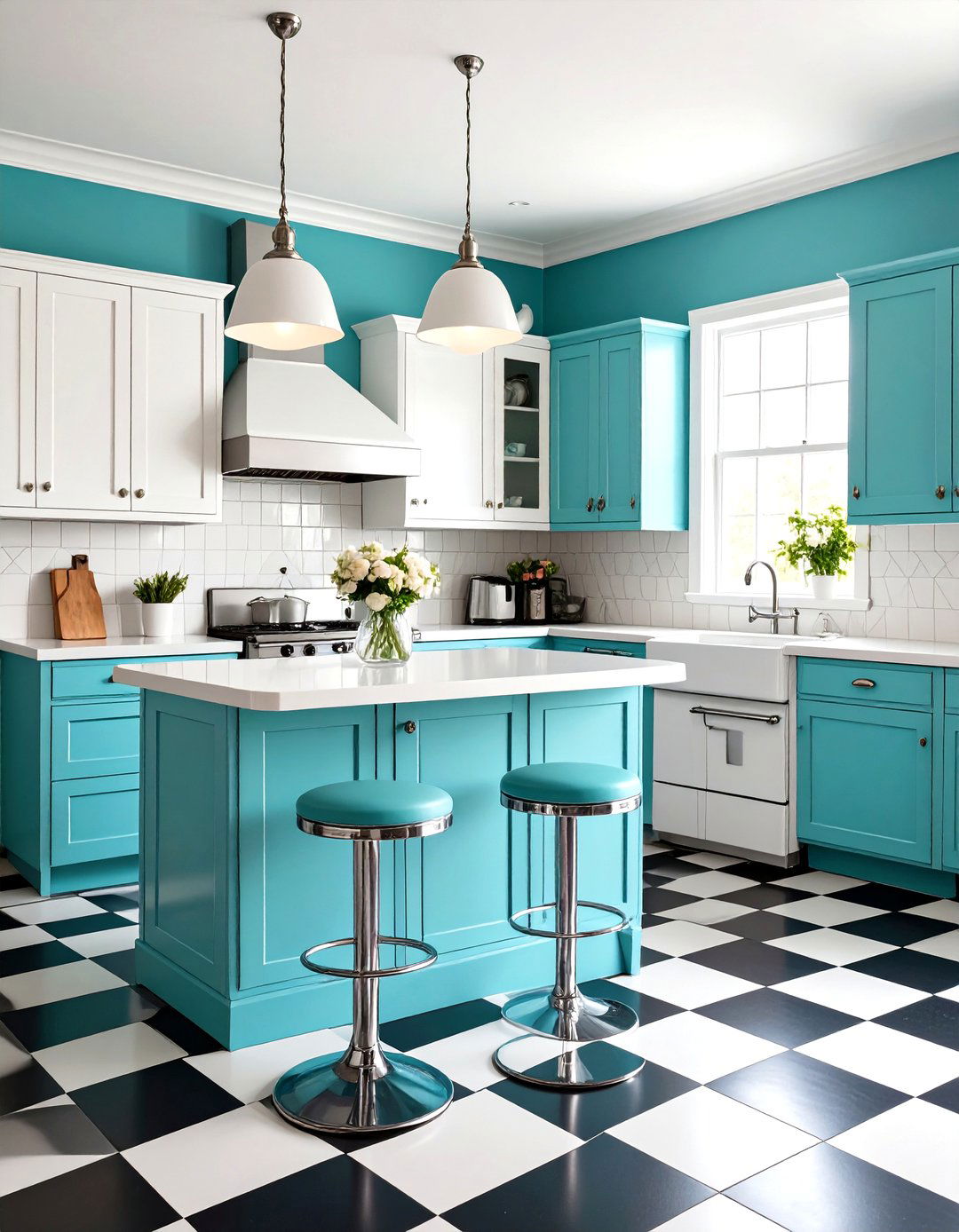 Turquoise Blue Diner Style Kitchen - 24 Vintage Kitchen Ideas