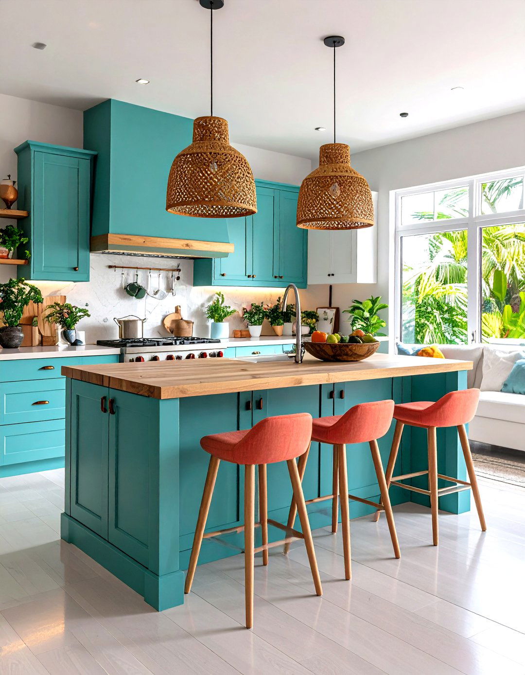 Turquoise Blue Island with Coral Accessories - 24 Tropical Kitchen Ideas
