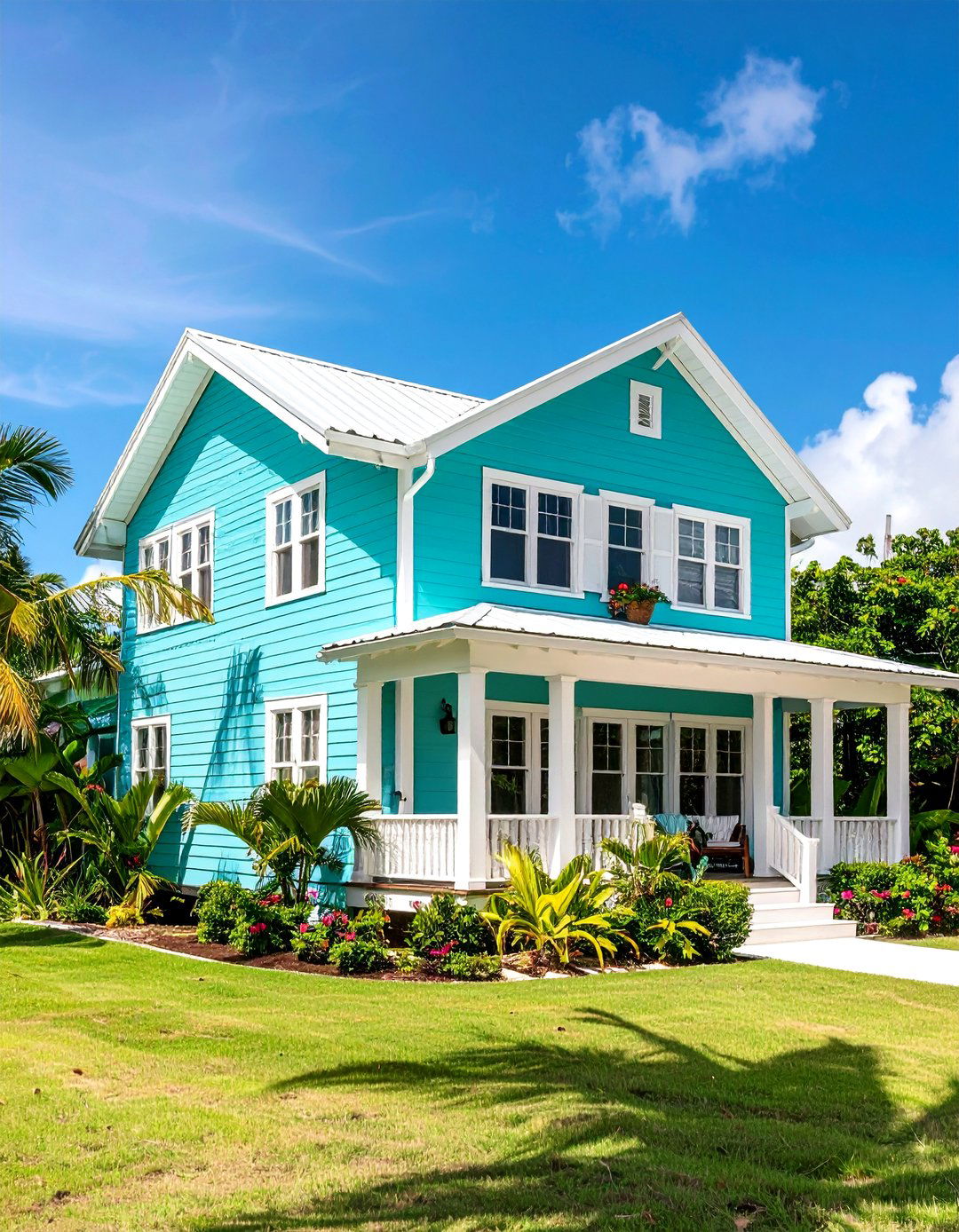 Turquoise Blue Tropical Paradise - 24 Blue House Siding With White Trim