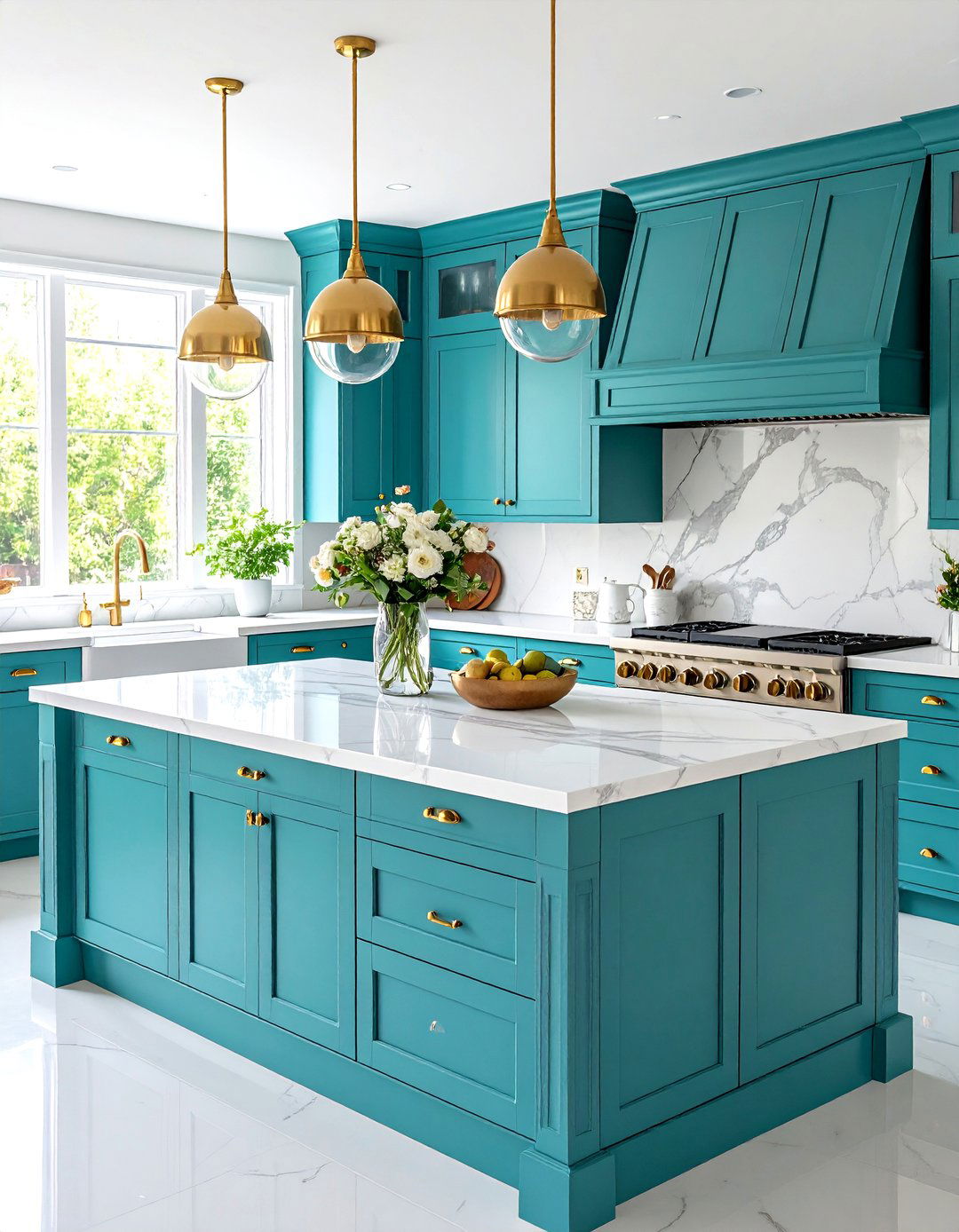 Turquoise Kitchen Island with White Marble and Brass Accents - 24 Blue and White Kitchen Ideas