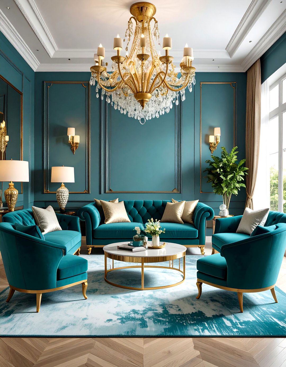 Turquoise and Gold Glamorous Living Room