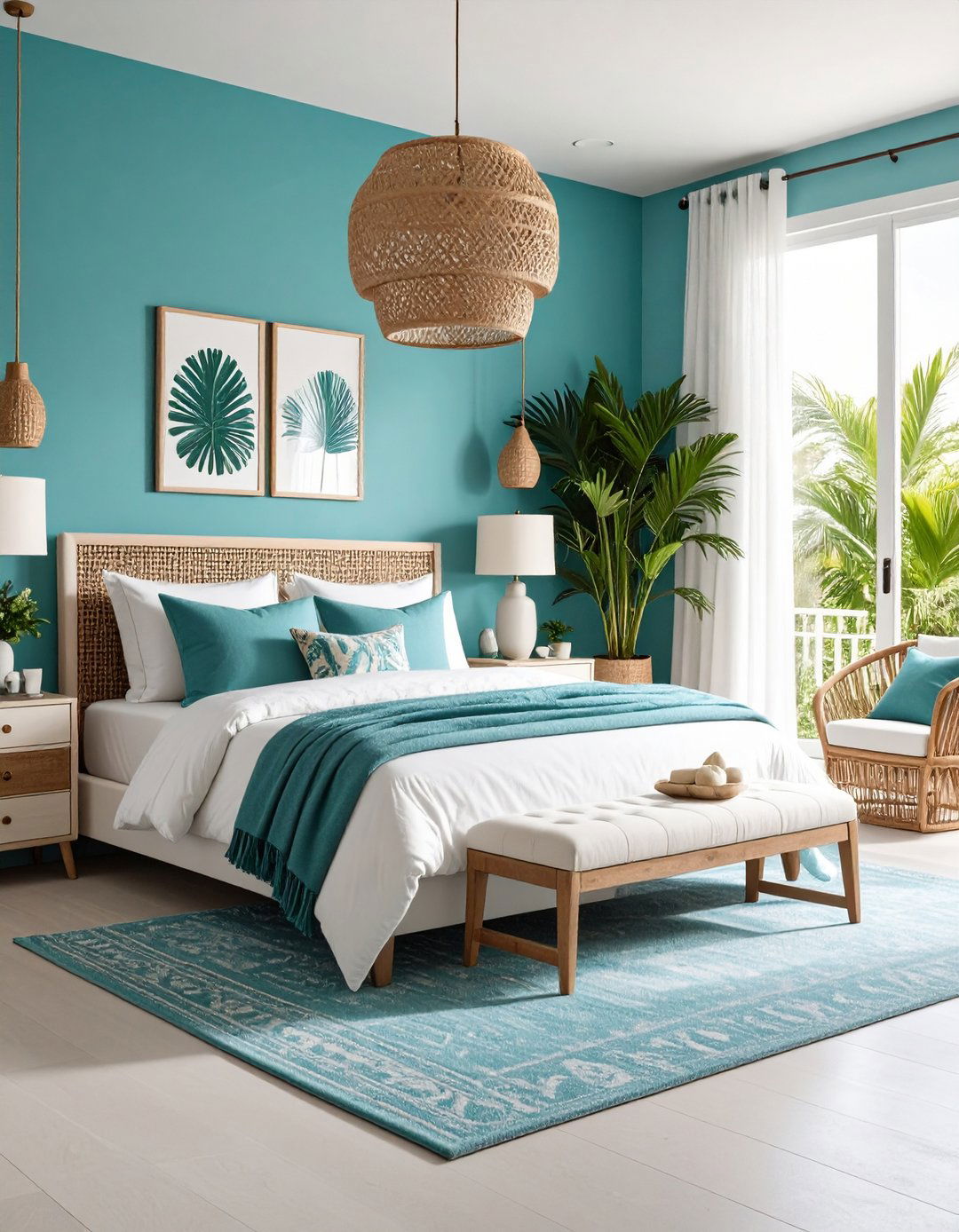 Turquoise and White Tropical Bedroom - 24 Blue and White Bedroom Ideas