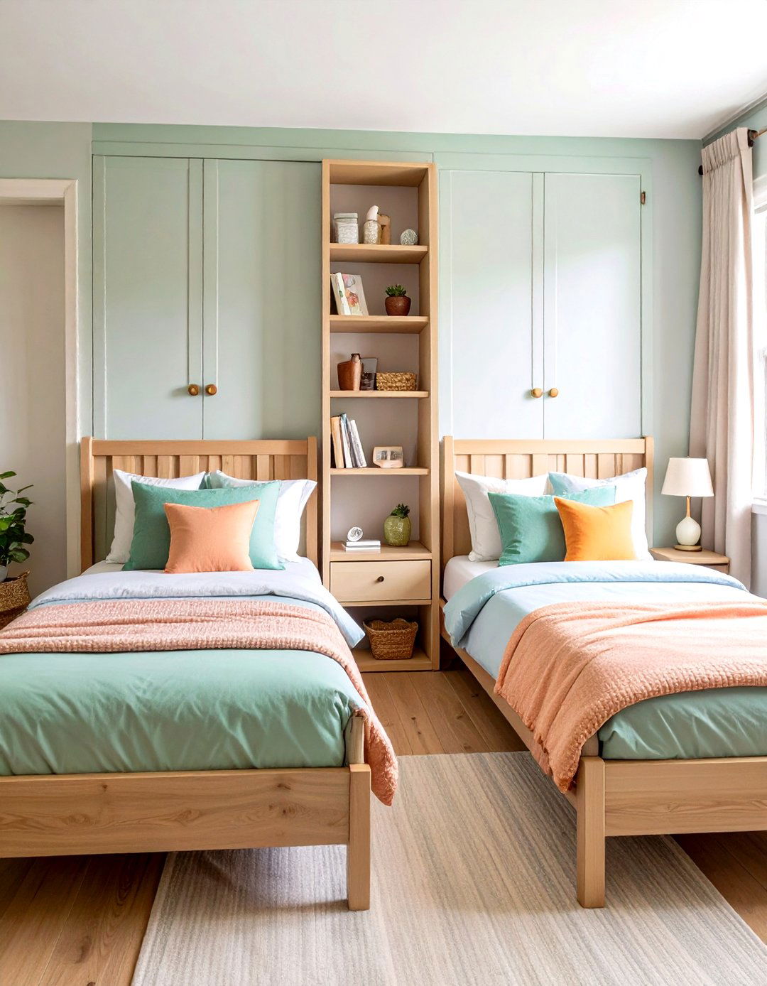 Twin Beds with Central Storage Divider - 24 Shared Bedroom Ideas for Small Rooms