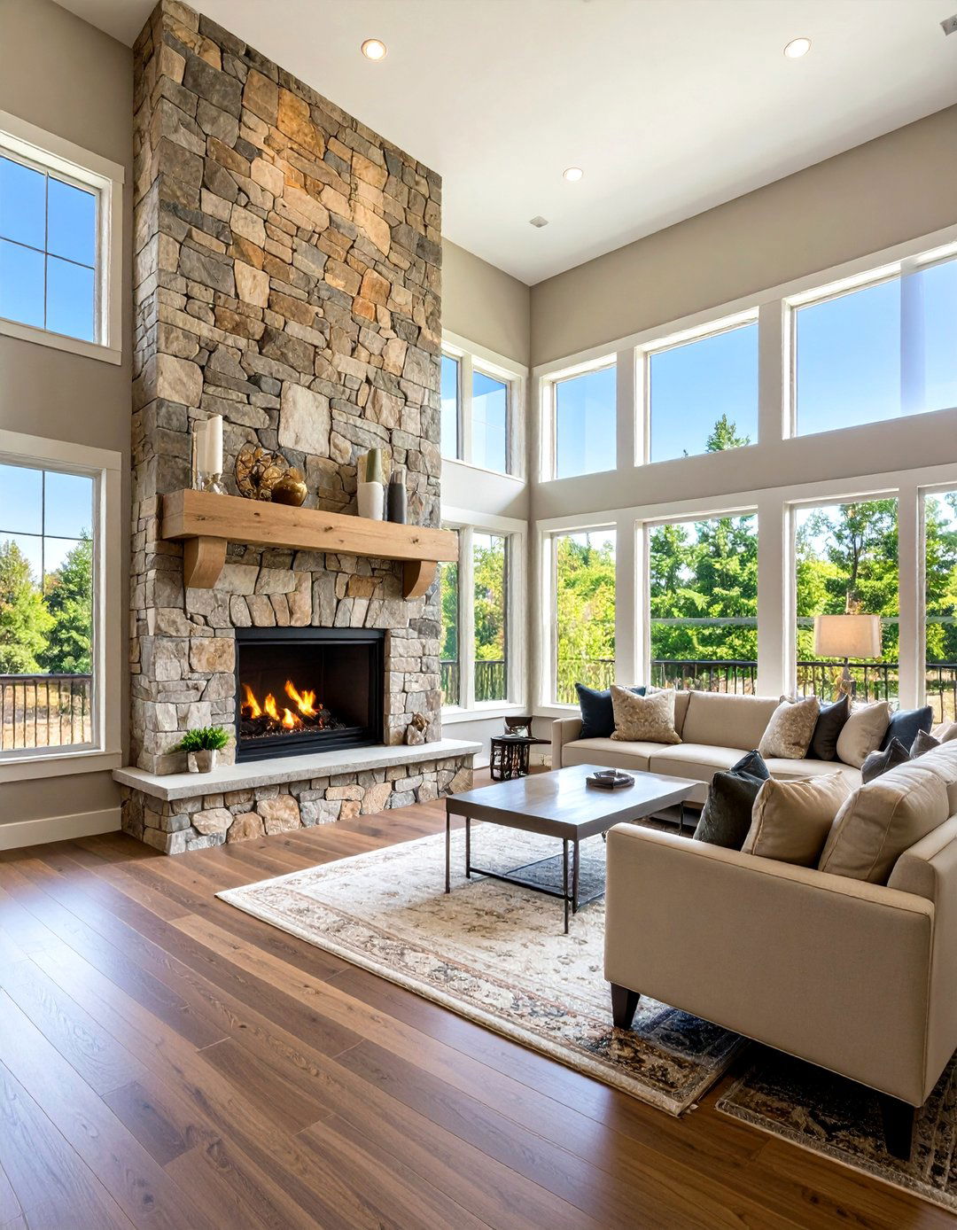Two Story Fireplace with Tall Side Windows - 24 Fireplace Between Windows Ideas