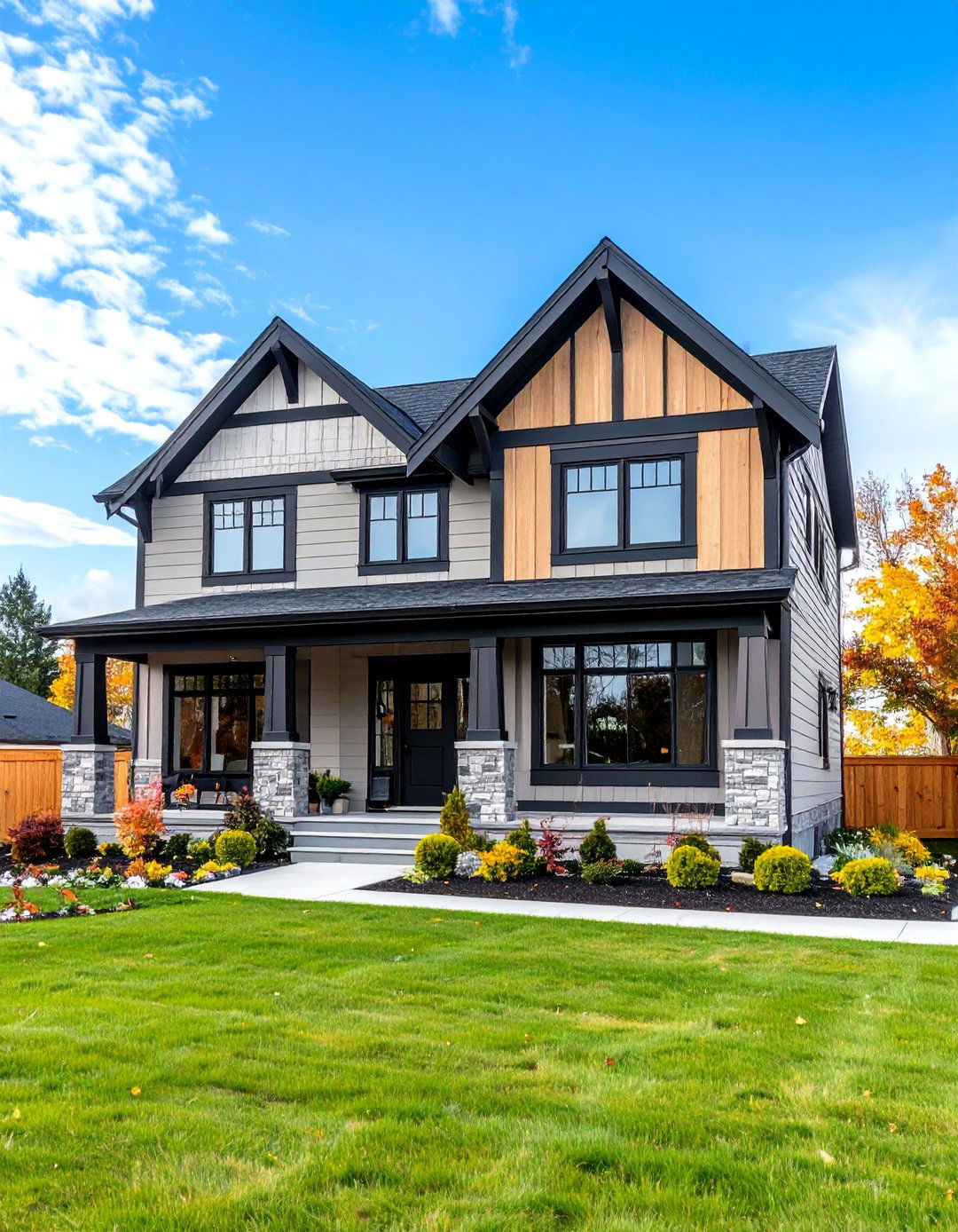 Two Story Gabled Grey House Design - 24 Grey House With Black Trim