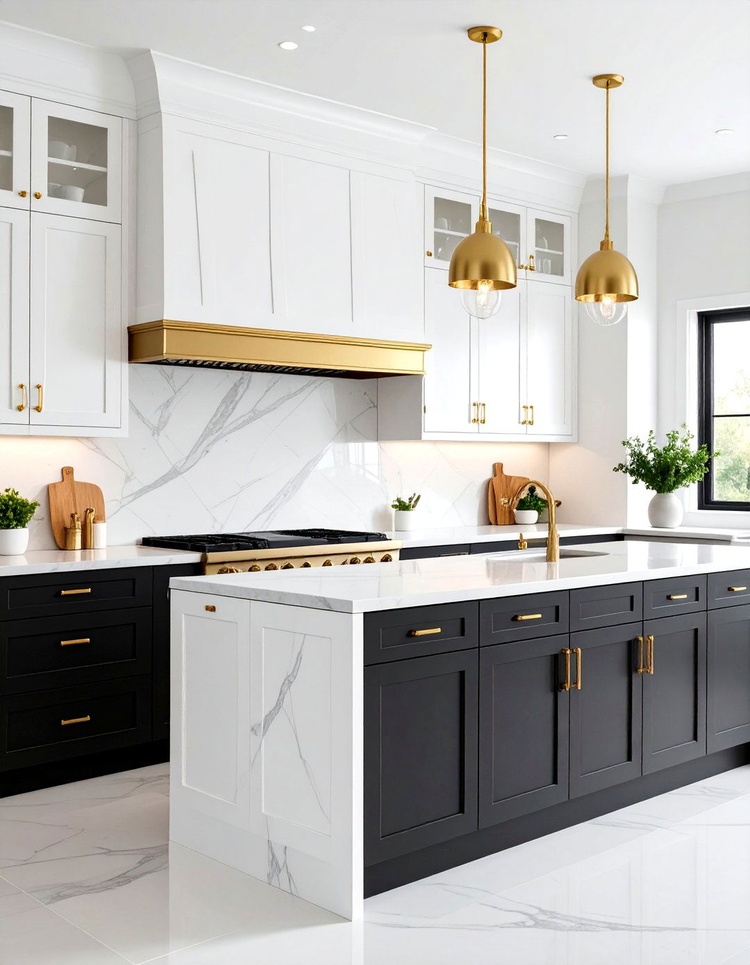 Two Tone Black and White Cabinets with Gold Accents - 24 Black and Gold Kitchen Ideas