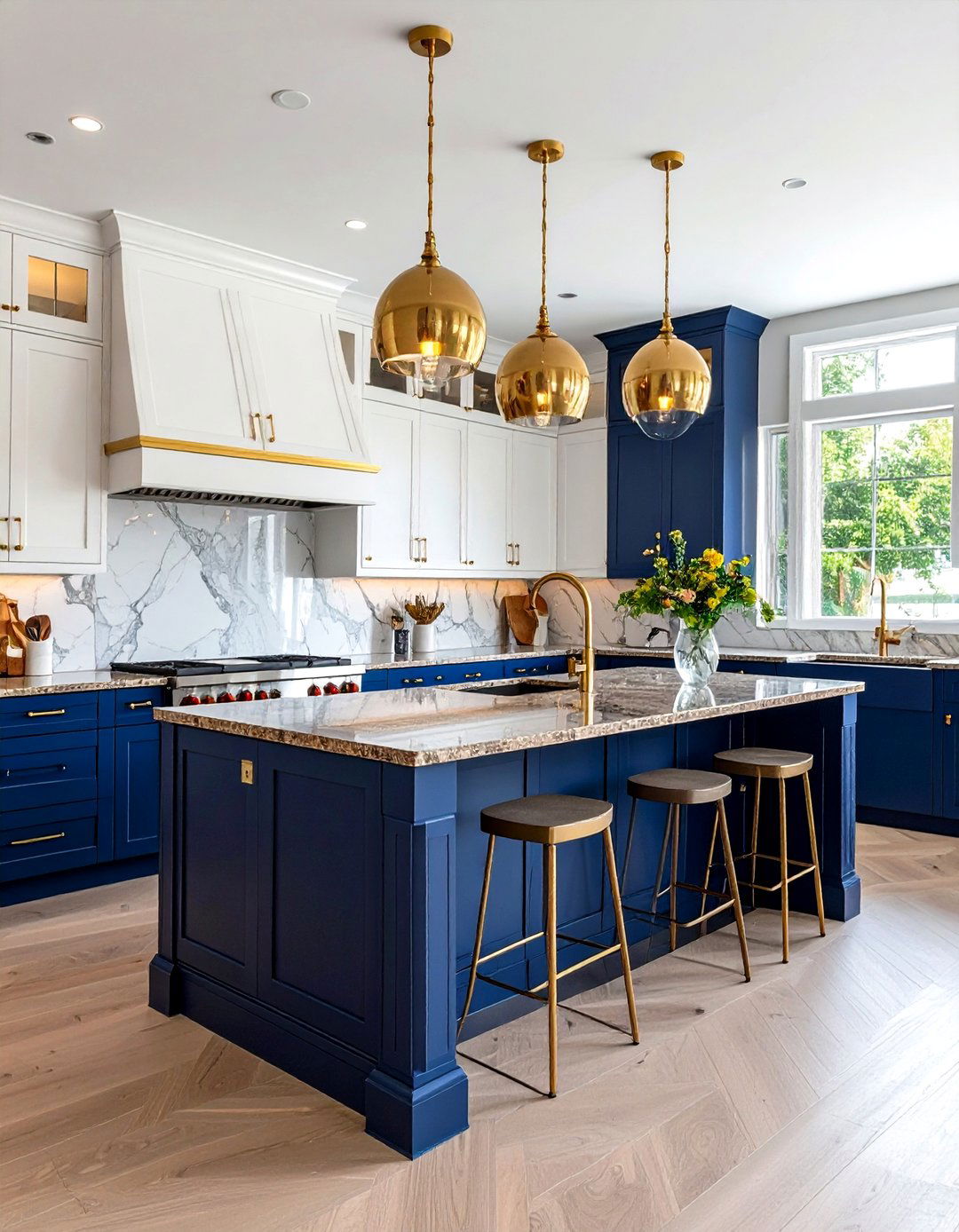 Two Tone Blue Kitchen with Caledonia Brown Granite Island - 24 blue kitchen cabinets with brown granite countertops