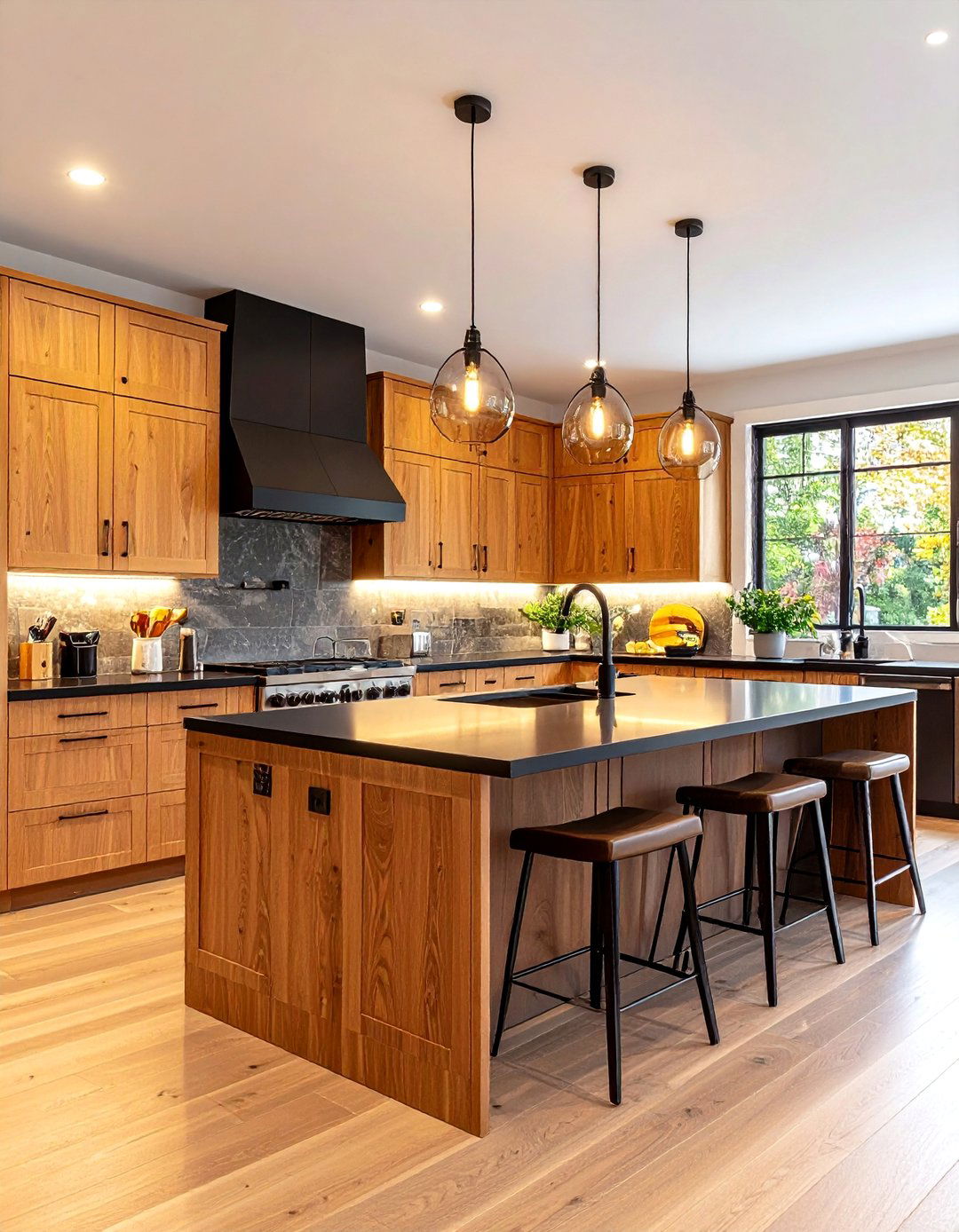 Two Tone Brown Kitchen Cabinets with Black Accent Countertops - 24 Brown Kitchen Cabinets With Black Countertops