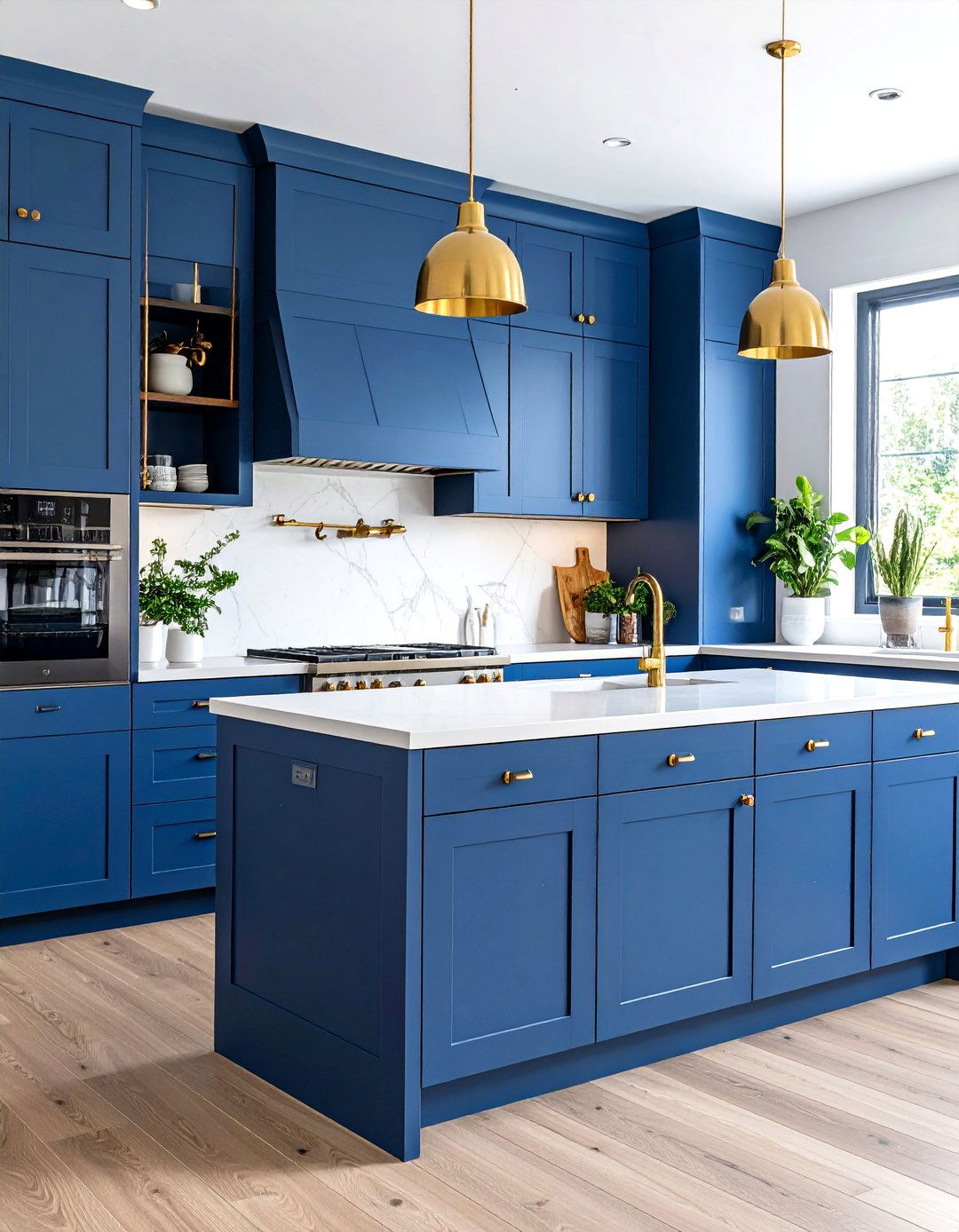 Two Tone Design with Light Blue Uppers - 24 blue kitchen cabinets with gold hardware