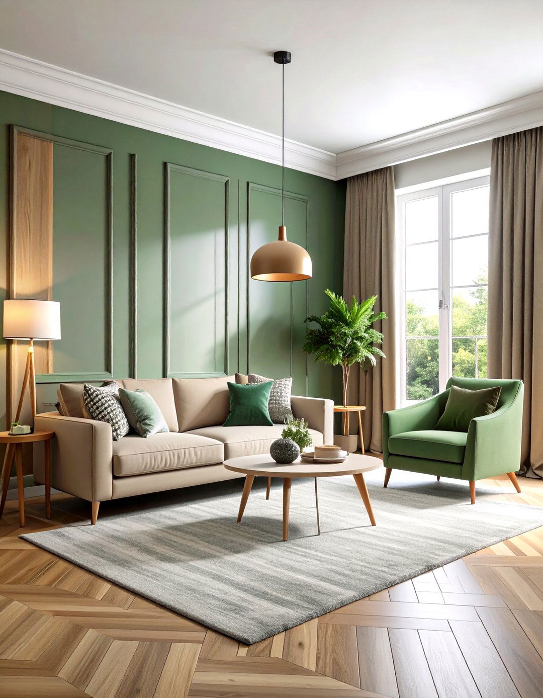 Two Tone Grey and Green Color Blocked Walls - 24 Green and Grey Living Room Ideas