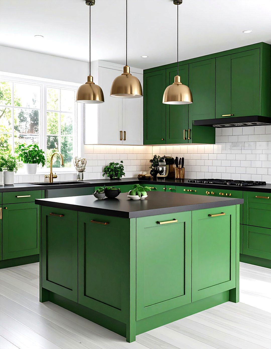Two Tone Kitchen with Green Lowers and Black Countertops - 24 Green Kitchen Cabinets With Black Countertops