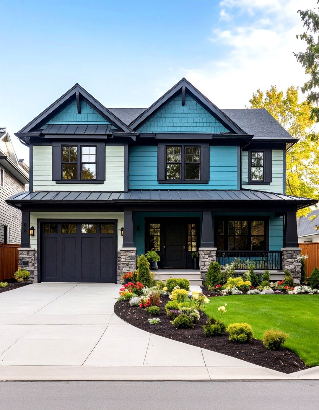 Two Tone Sage Green Exterior With Black Contrast Elements - 24 Sage Green House With Black Trim Ideas