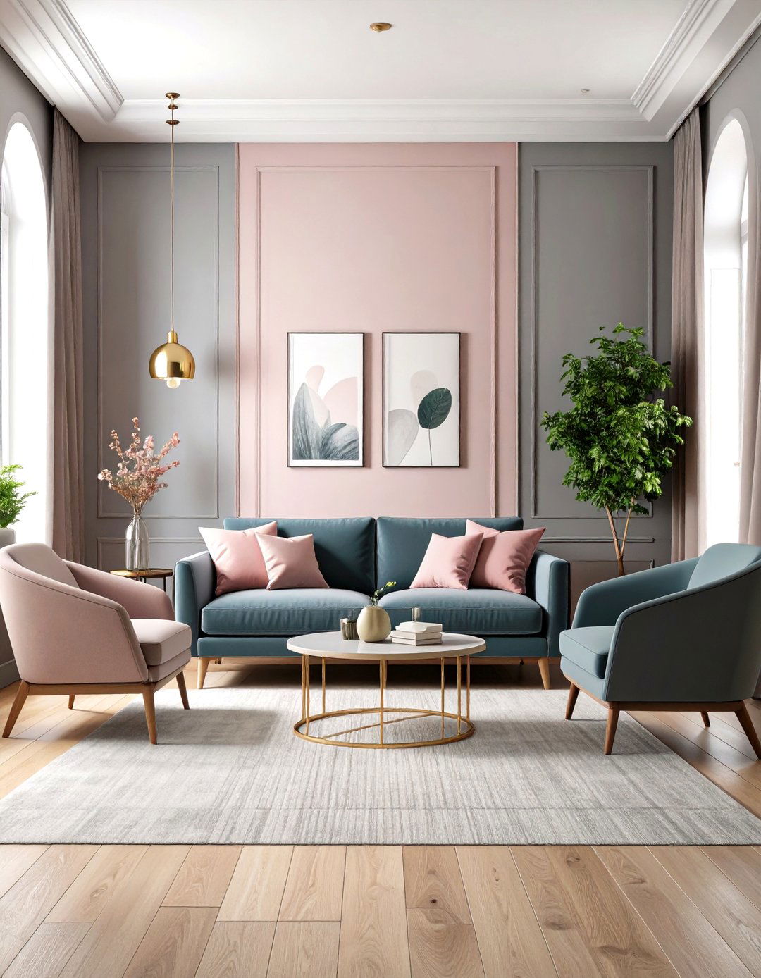 Two Tone Wall Treatment Design - 24 Pink and Grey Living Room Ideas
