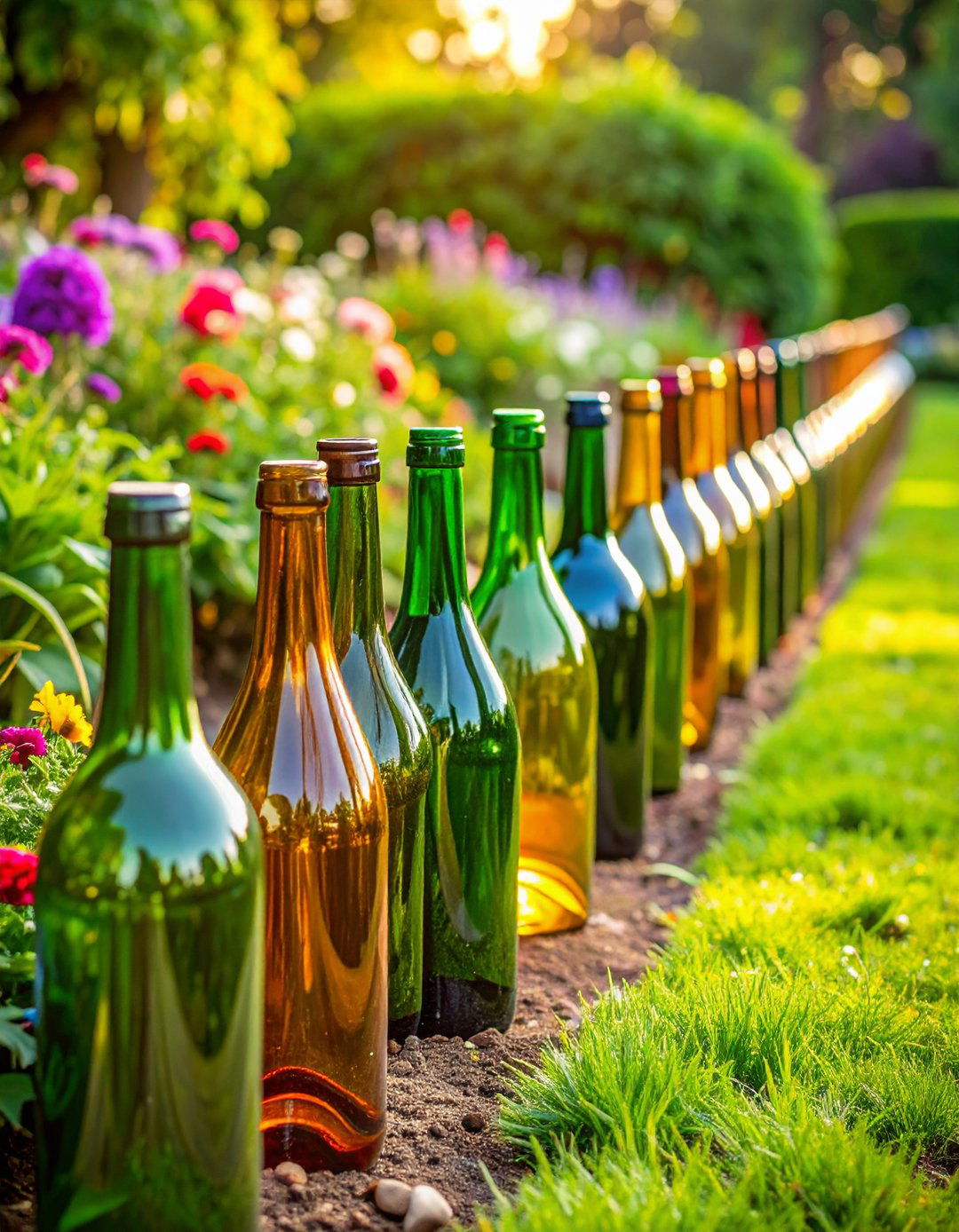 Upside Down Wine Bottle Edging - 24 Recycled Garden Edging Ideas