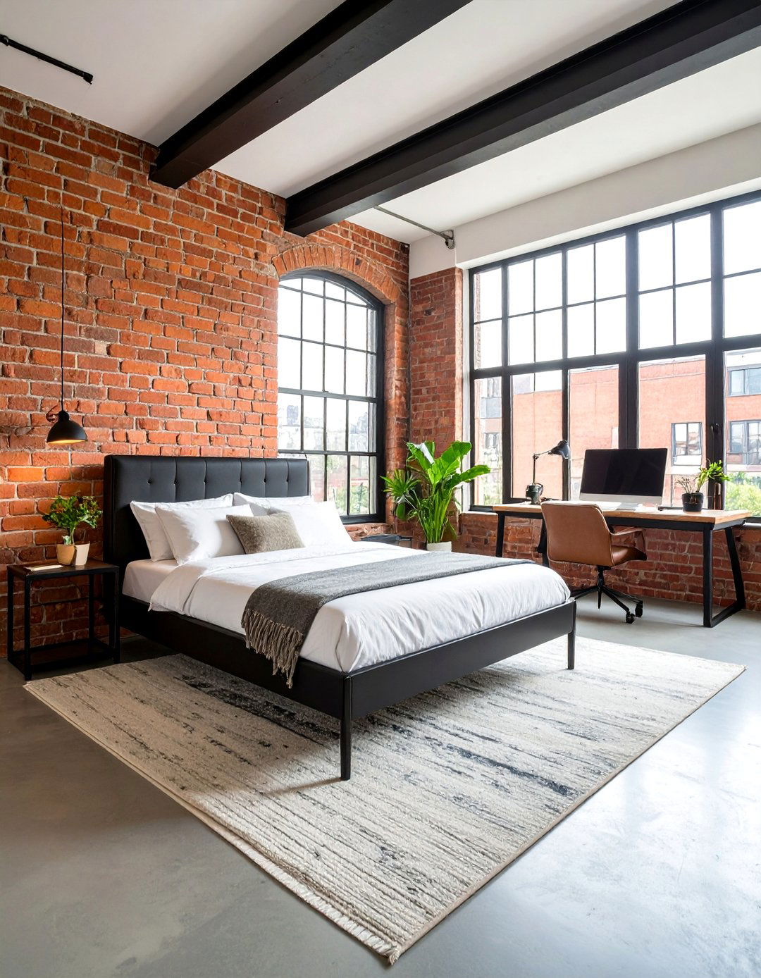 Urban Bedroom Office with Exposed Brick