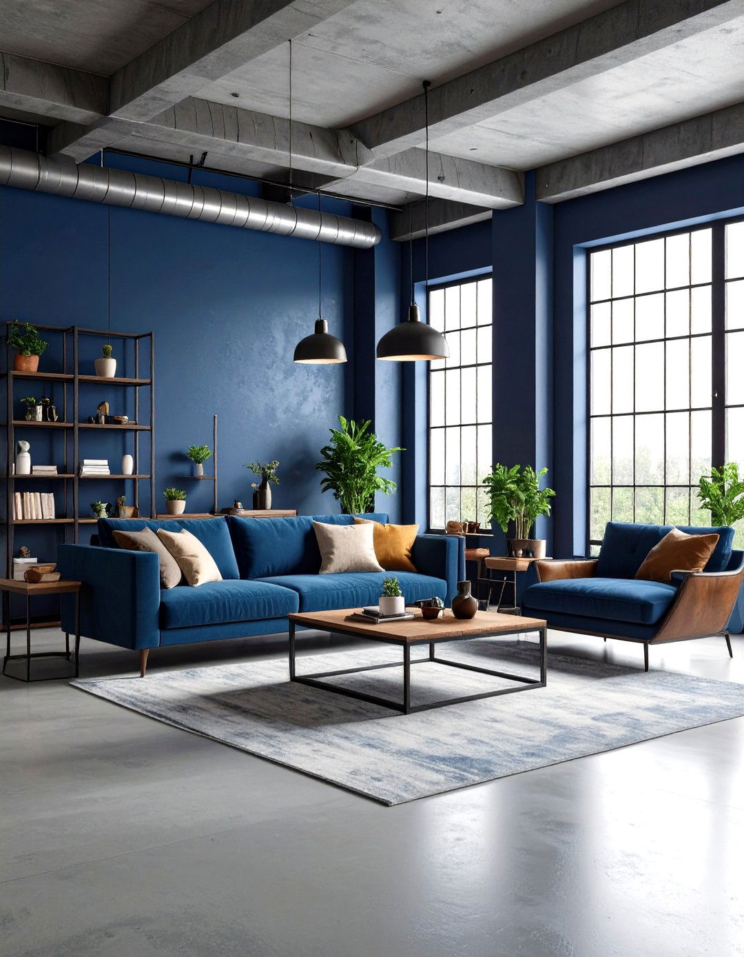 Urban Loft Grey Polished Concrete with Navy Blue Walls - 24 grey floor living room with blue walls ideas