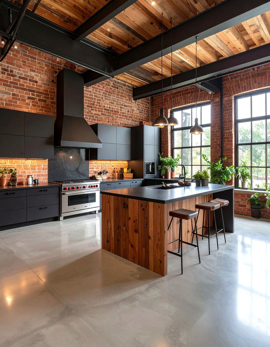 Urban Loft Kitchen with Exposed Elements and Black Granite - 24 Black Granite Countertops Kitchen Ideas