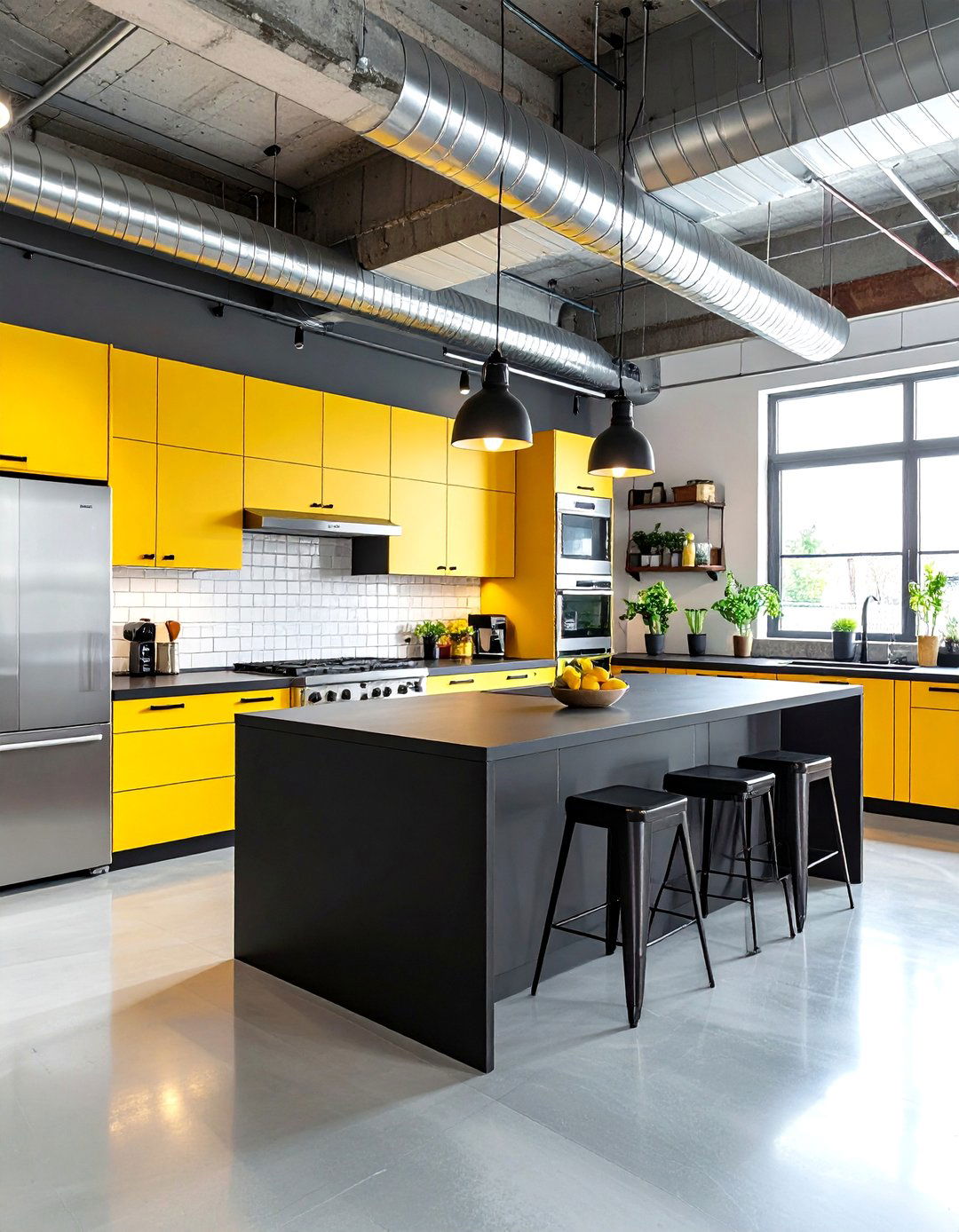 Urban Loft Kitchen with Light Concrete Cabinets and Black Steel Countertops - 24 kitchen with dark countertops and light cabinets