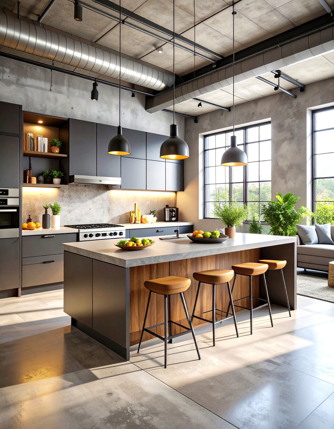 Urban Loft Open Kitchen with Concrete Countertops - 24 Open Kitchen Ideas
